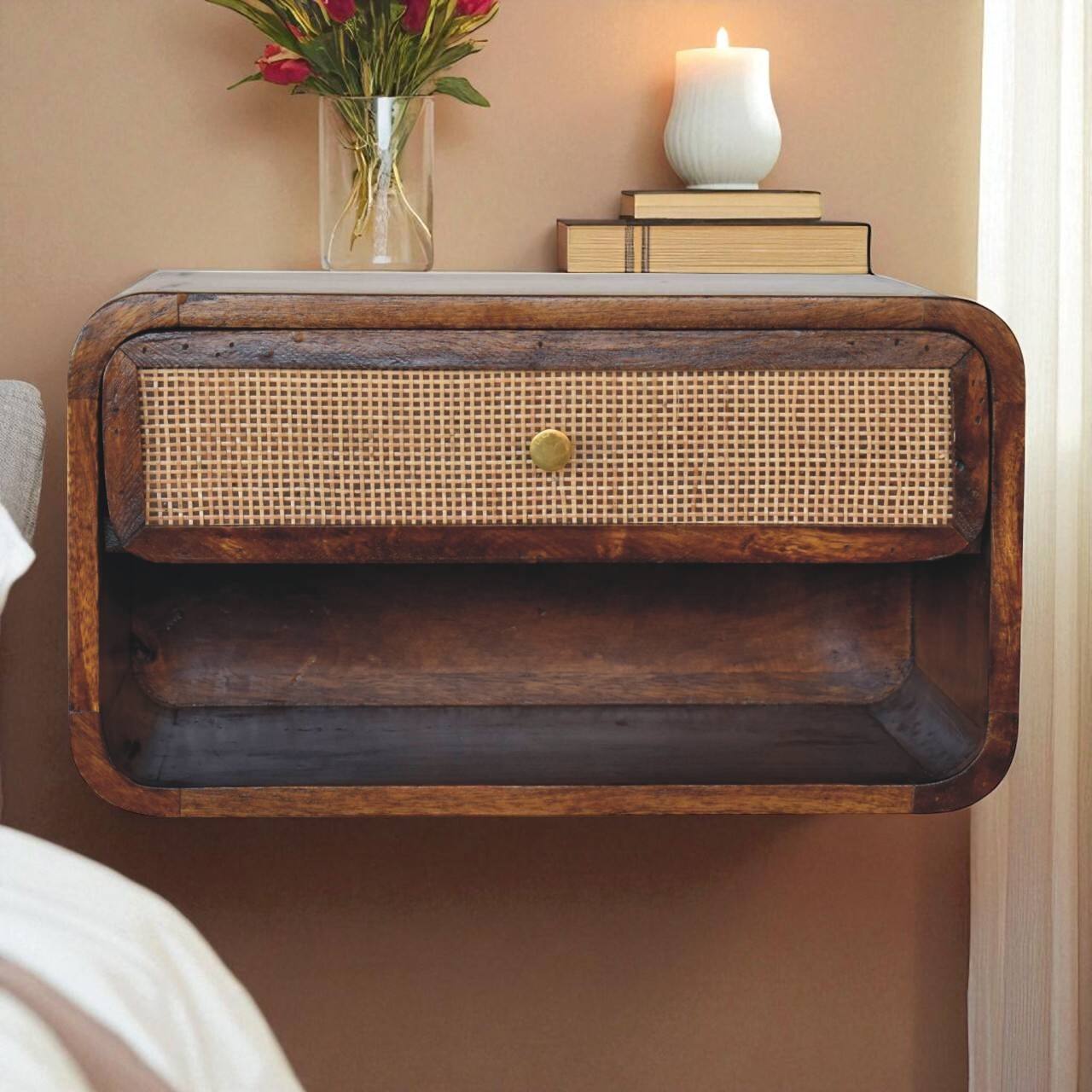 Angle. Artisan Furniture - Artisan Furniture Solid Wood Chestnut Wall Mounted Woven Bedside, 1 Drawer, 1 Open Slot, Beige and Brown - Chestnut.