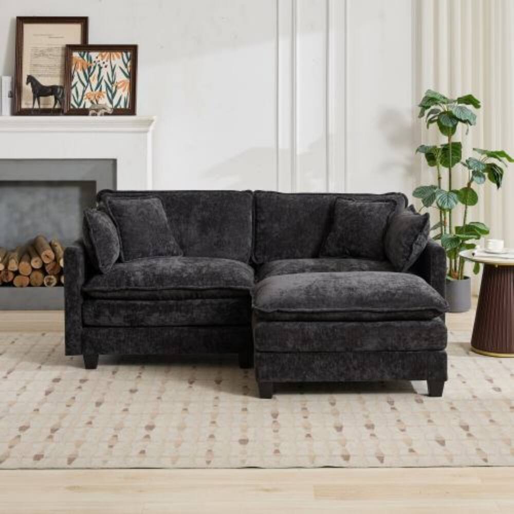 Left. LUCKY ONE - Modular Cloud Sofa Loveseat Sectional Couch Chenille Fabric Double Layer Cushion - Black.