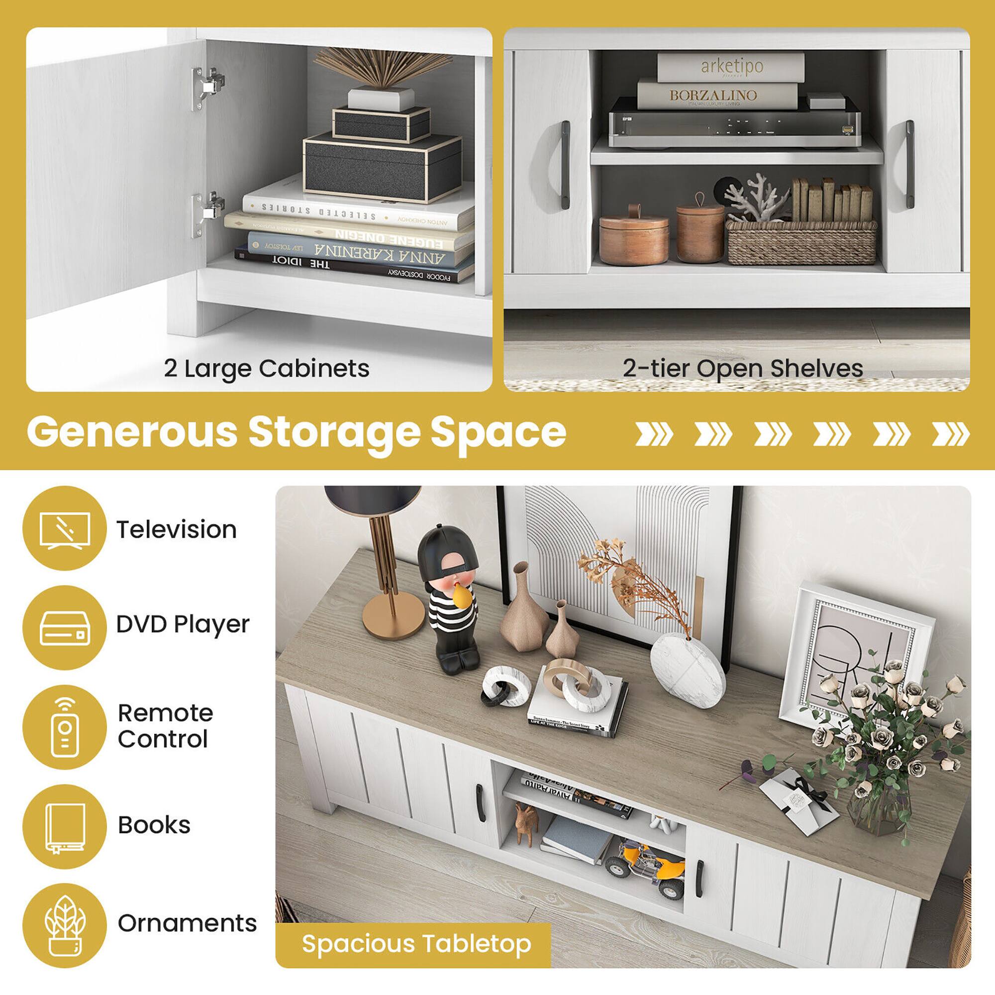 The text on the image is grouped and corrected as follows:

"Marketipo BORZALINO 2-tier Open Shelves Generous Storage Space Television DVD Player Remote Control Books Ornaments Spacious Tabletop."