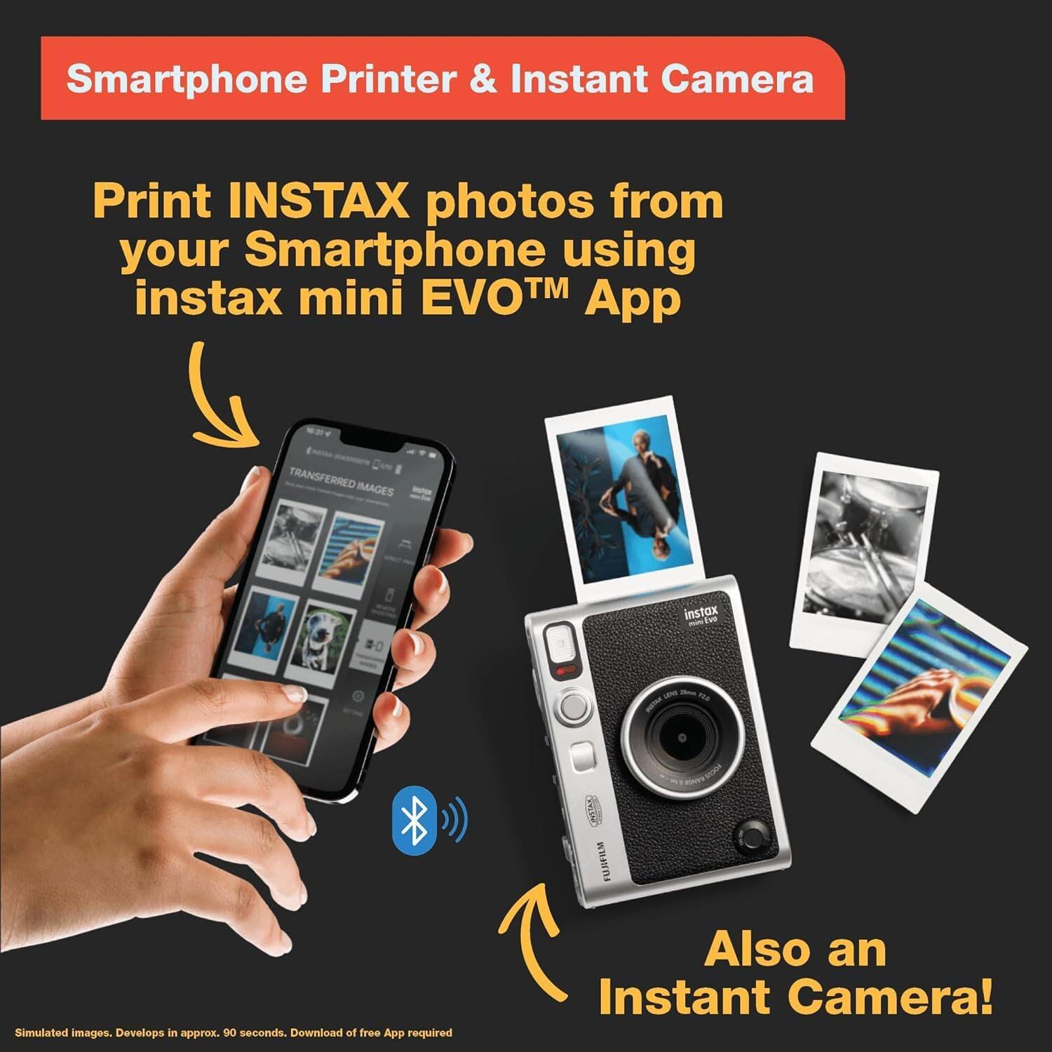 Smartphone Printer & Instant Camera

Print INSTAX photos from your Smartphone using instax mini EVO™ App

Also an Instant Camera!

Simulated images. Develops in approx. 90 seconds. Download of free App required