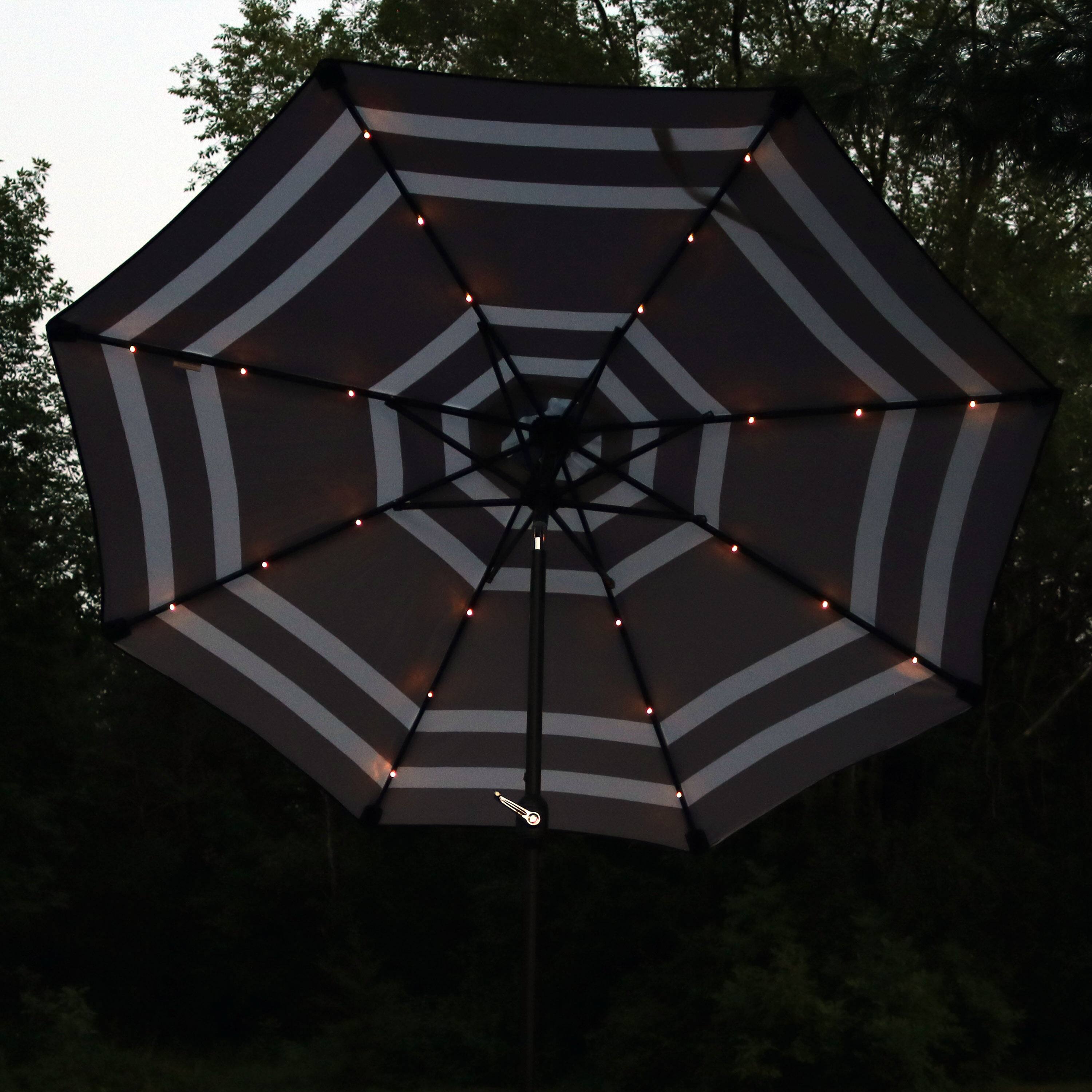 Alt View 10. Sunnydaze - 9 ft Solar Patio Umbrella with Lights, Tilt, and Crank - Navy Blue Stripe.