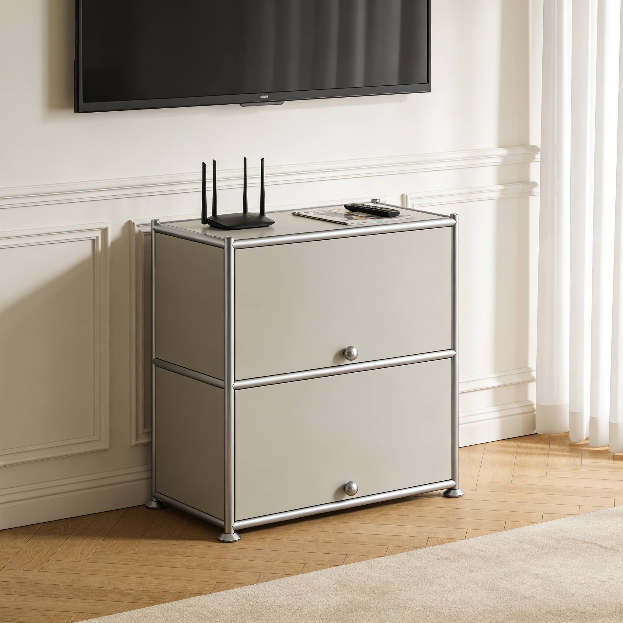 Left. Malletson - 3 Tier Modular Metal Sideboard Storage Cabinet, Modern Grid-Style, for Dining Room, Living Room or Office - Grey.