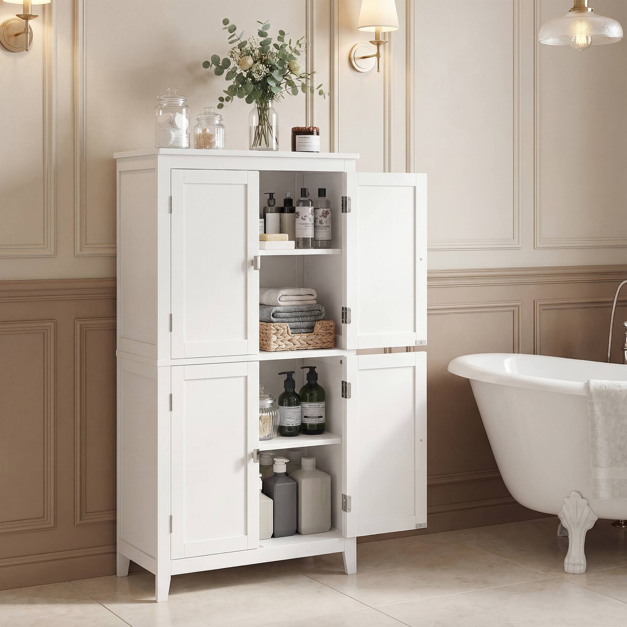 Back. Songmics Home - Bathroom Floor Storage Cabinet, Bathroom Storage Unit, Cabinet with Doors, Adjustable Shelves, 11.8 x 23.6 x 43.3 Inches - White.