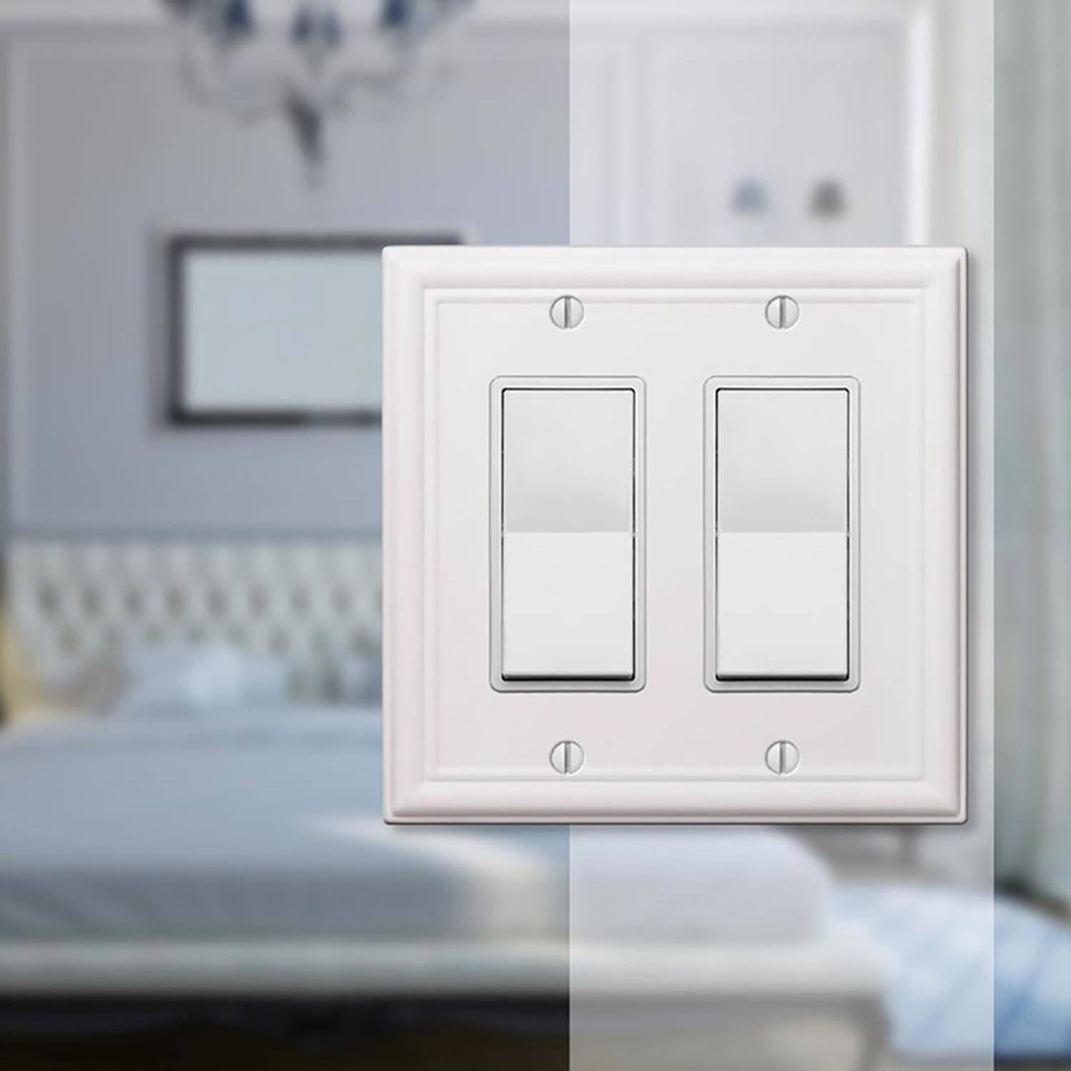 Left. AMERELLE - Amerelle Chelsea White 2 gang Stamped Steel Decorator Wall Plate 1 pk - White.