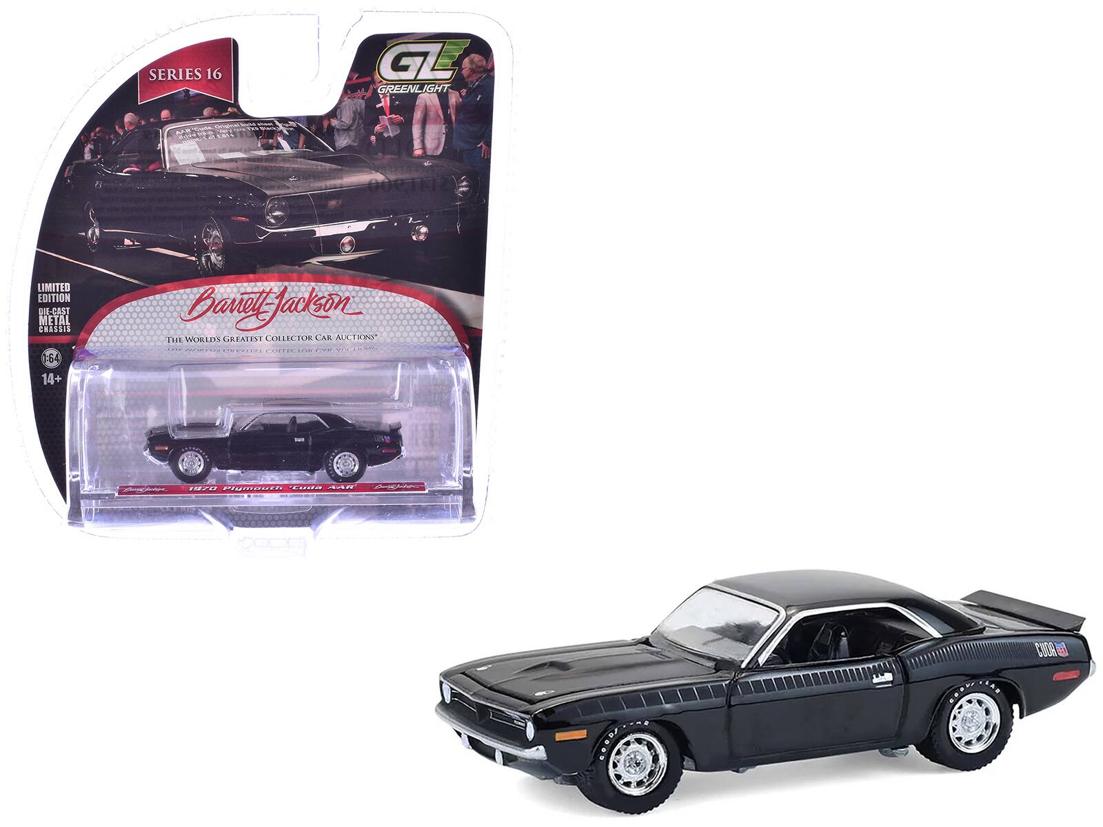 "1970 Plymouth 'Cuda AAR Black with Gray Stripes ""Barrett-Jackson"" Series 16 1/64 Diecast Model Cars by Greenlight" price history on PriceWatchPro