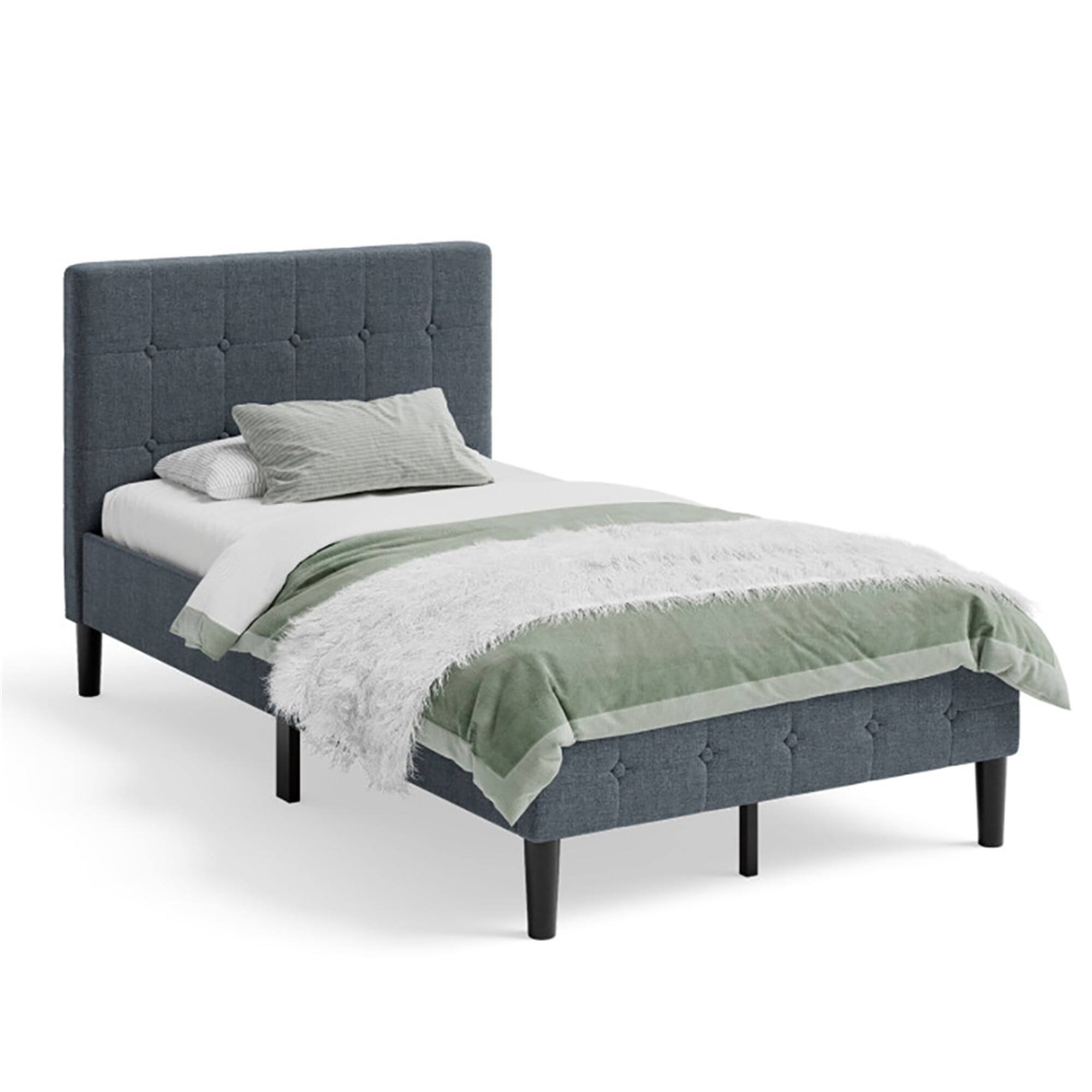 Left. Kadyn - Gray Twin Size Bed Frame with Headboard Mattess FoundationStrong Steel Slat Support Noise Free - Gray.
