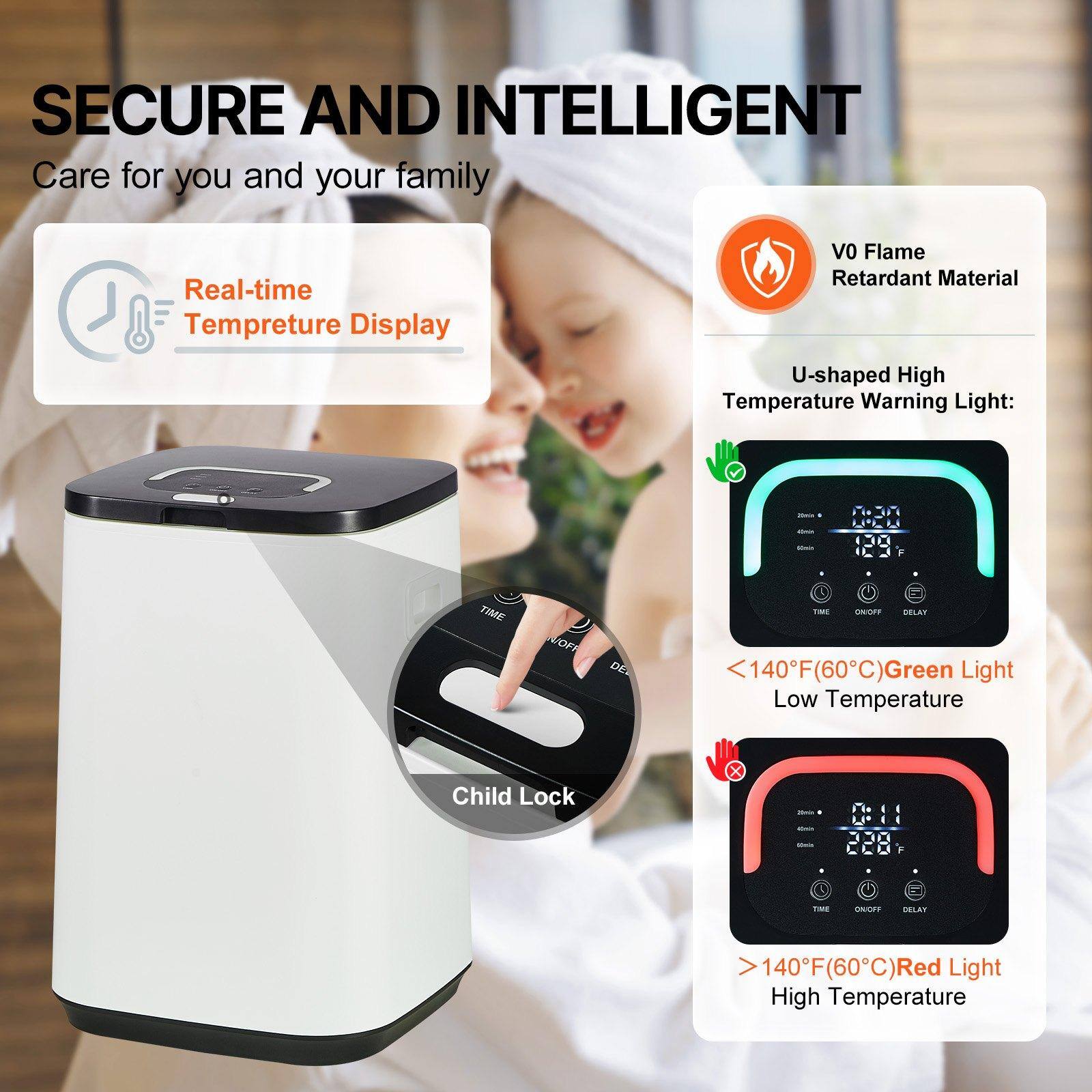 SECURE AND INTELLIGENT  
Care for you and your family

- Real-time Temperature Display
- V0 Flame Retardant Material
- U-shaped High Temperature Warning Light:
  - <140°F (60°C) Green Light Low Temperature
  - >140°F (60°C) Red Light High Temperature
- Child Lock