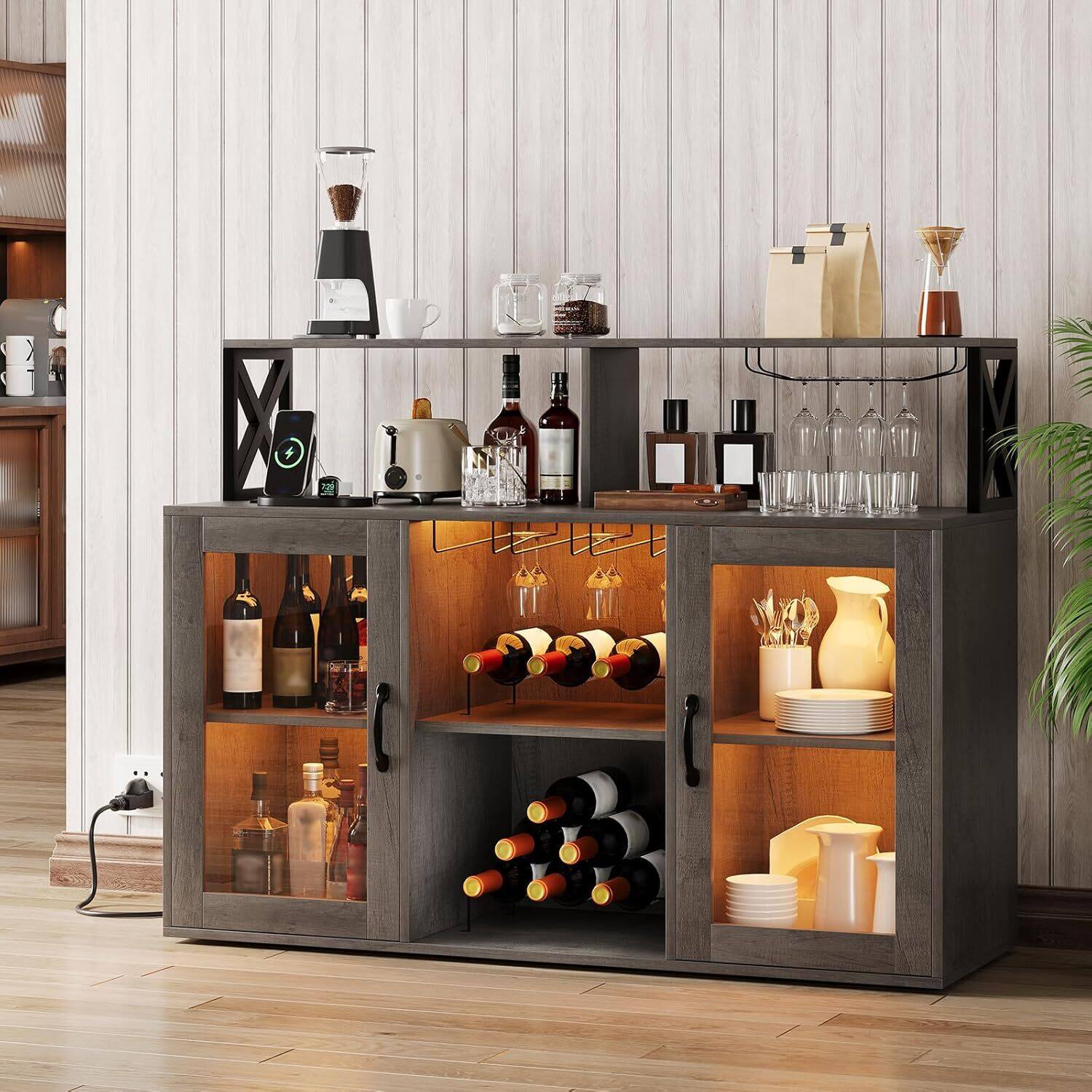 Alt View 6. GARVEE - Freestanding Liquor Cabinet for Home with LED Lights, Wine Bar Cabinet, Coffee Bar Buffet Sideboard Storage, Grey - Grey.