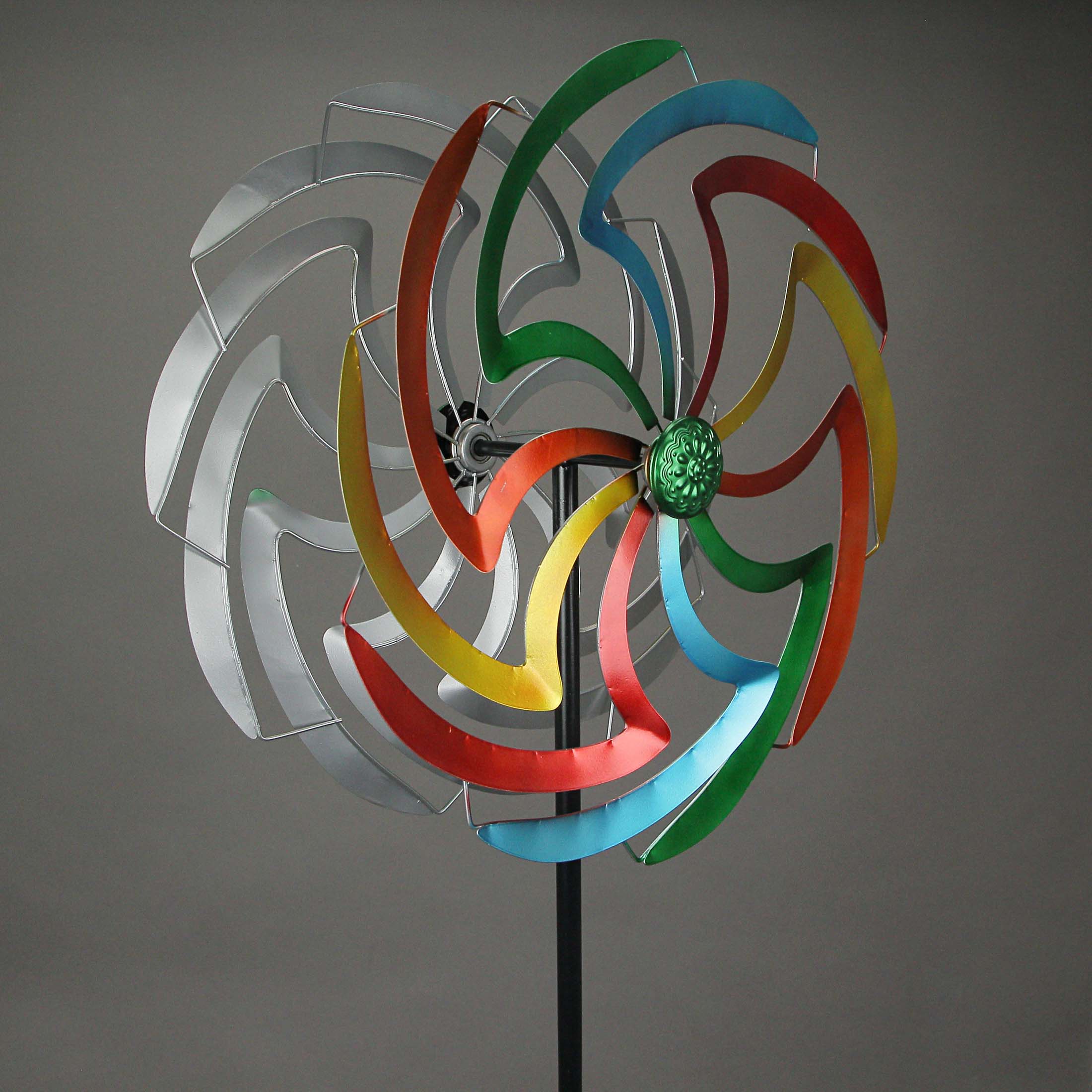 Alt View 2. Direct International - Colorful Anodized Finish Dual Flower Metal Wind Spinner Garden Stake 70 Inches High - Multicolored.