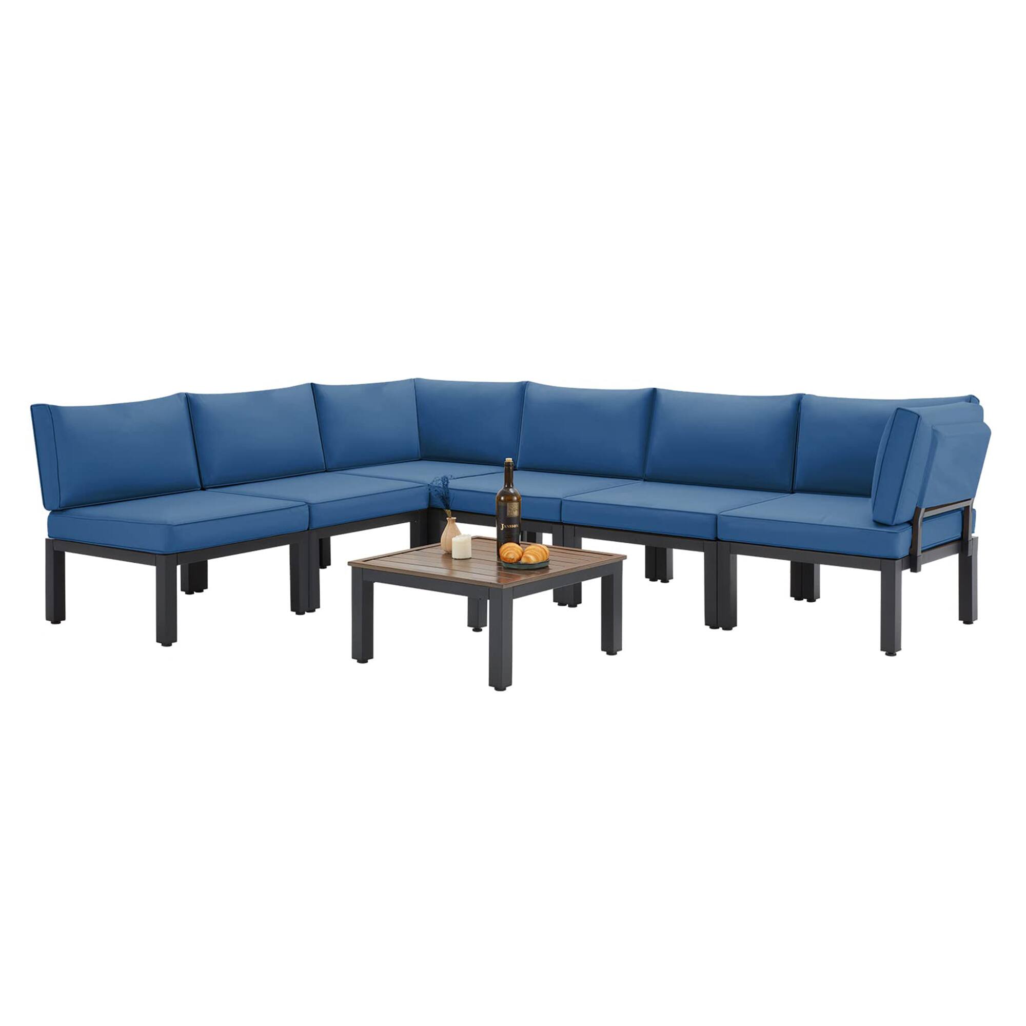 Back. Mondawe - 7-Piece Steel Patio Seating Set with Blue-Gray Cushions - Blue+Black.