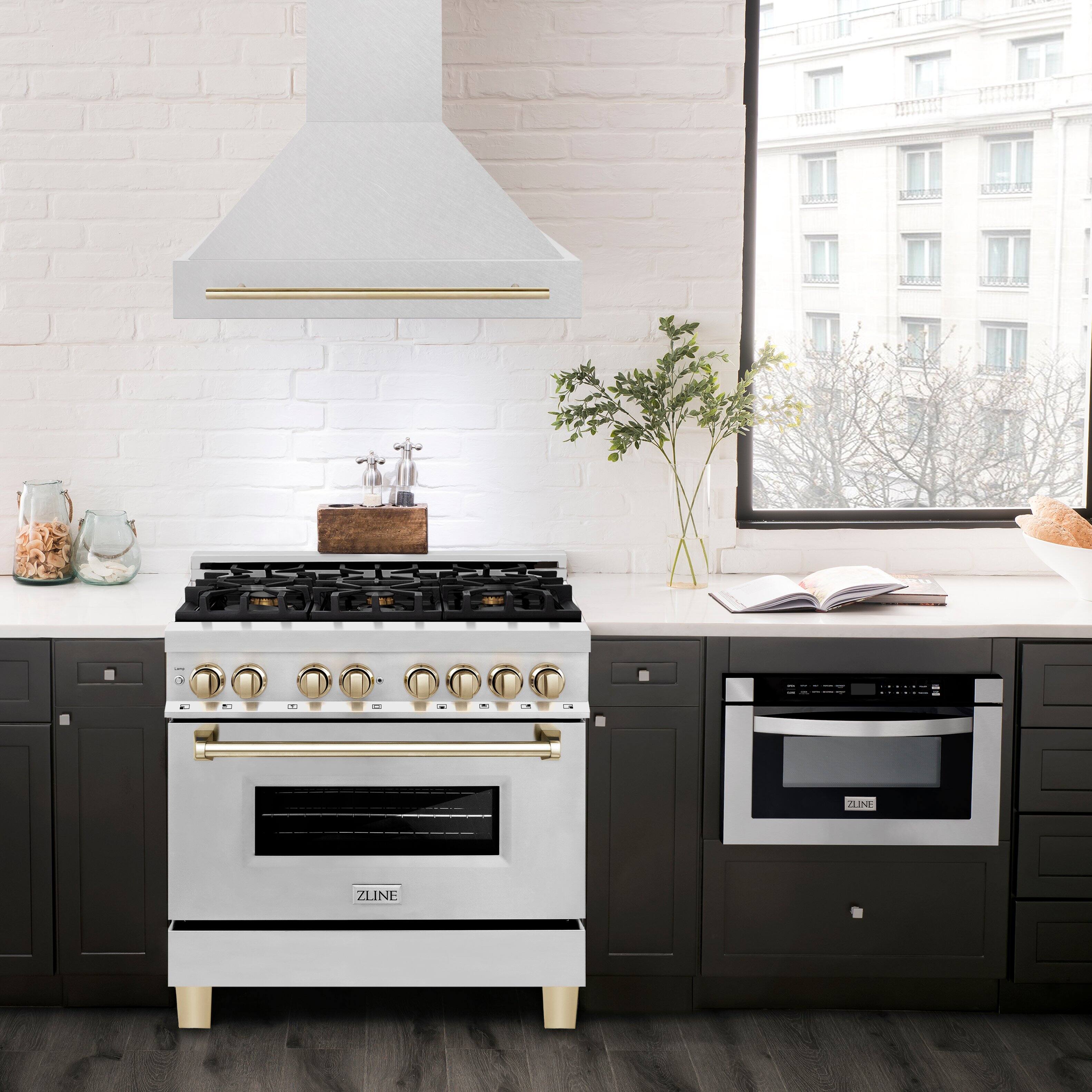 Alt View 2. ZLINE - ZLINE Autograph Edition 36 in. Satin Stainless Steel Wall Mount Range Hood with Polished Gold Handle (8654SNZ-36-G) - Satin Stainless Steel.