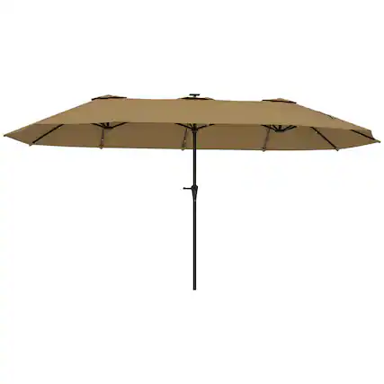 Front. Outsunny - 13ft Large Patio Umbrella with Solar Lights, Rectangular Double-Sided Outdoor Market Umbrella with Crank Handle - Khaki.