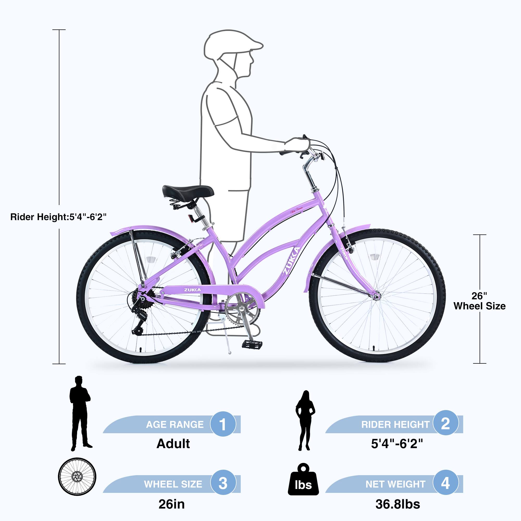 - Rider Height: 5'4" - 6'2"
- ZURIA ZUKA
- Wheel Size: 26"
- AGE RANGE: Adult
- RIDER HEIGHT: 5'4" - 6'2"
- WHEEL SIZE: 26in
- NET WEIGHT: 36.8lbs