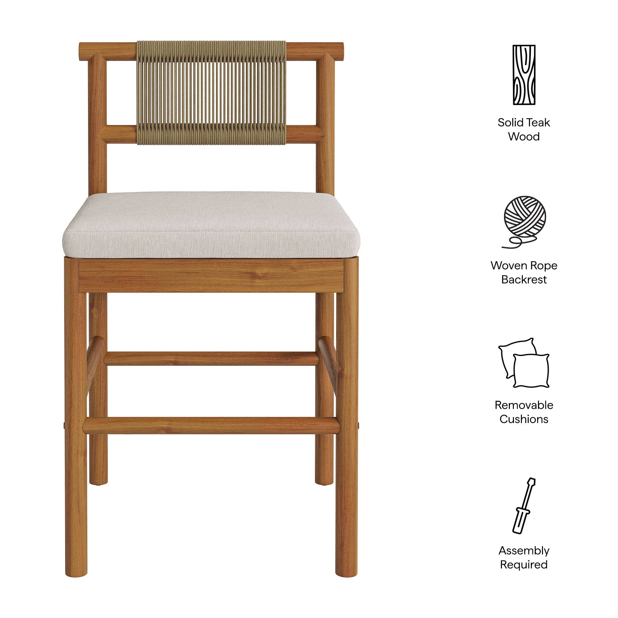 Solid Teak Wood  
Woven Rope Backrest  
Removable Cushions  
Assembly Required