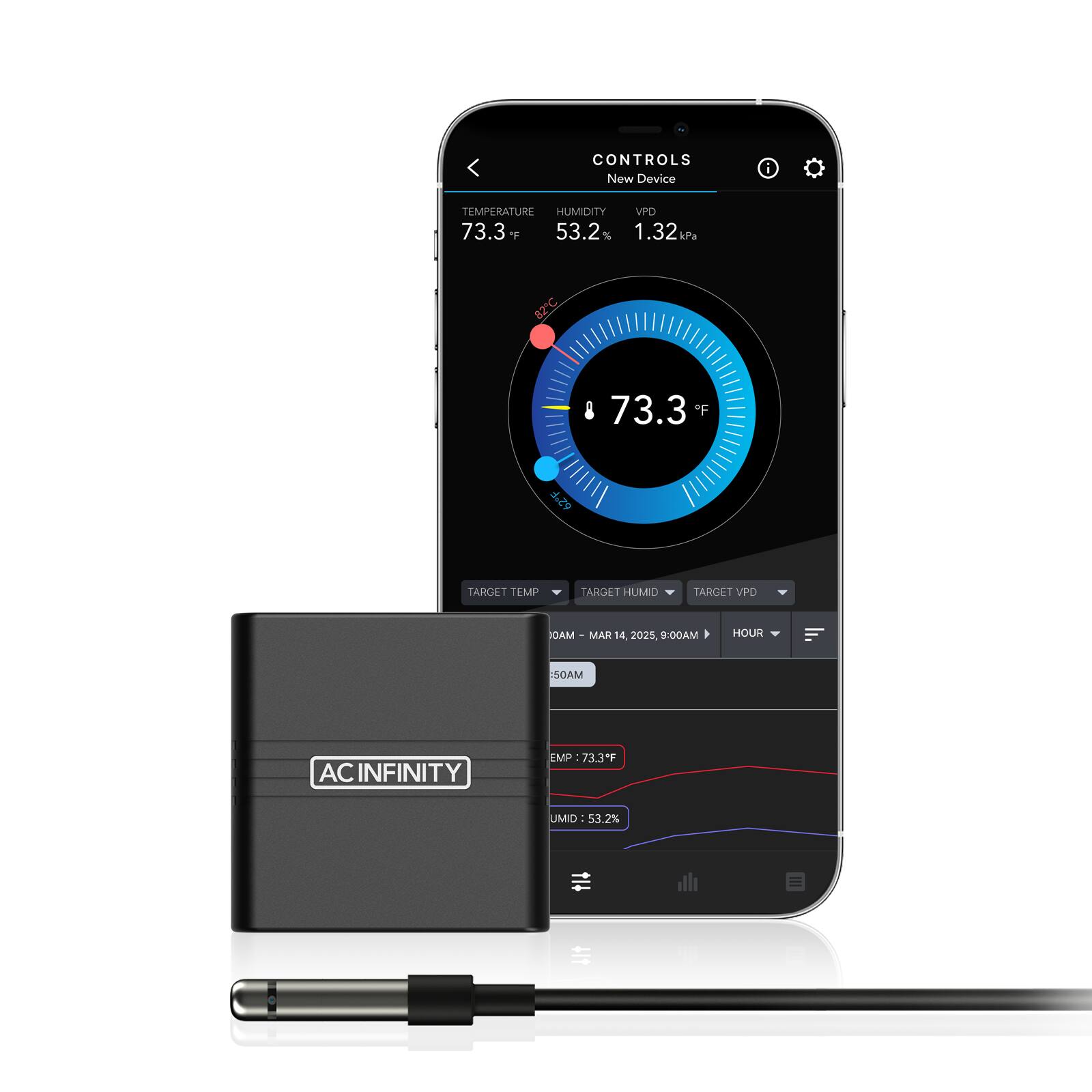 CONTROLS  
New Device

TEMPERATURE  
73.3°F  
82°C

HUMIDITY  
53.2%

VPD  
1.32 kPa

TARGET TEMP  
TARGET HUMID  
TARGET VPD

MAO MAR 14 2025, 9:00AM  
HOUR

50AM

AC INFINITY

TEMP 73.3°F  
UMID 53.2%