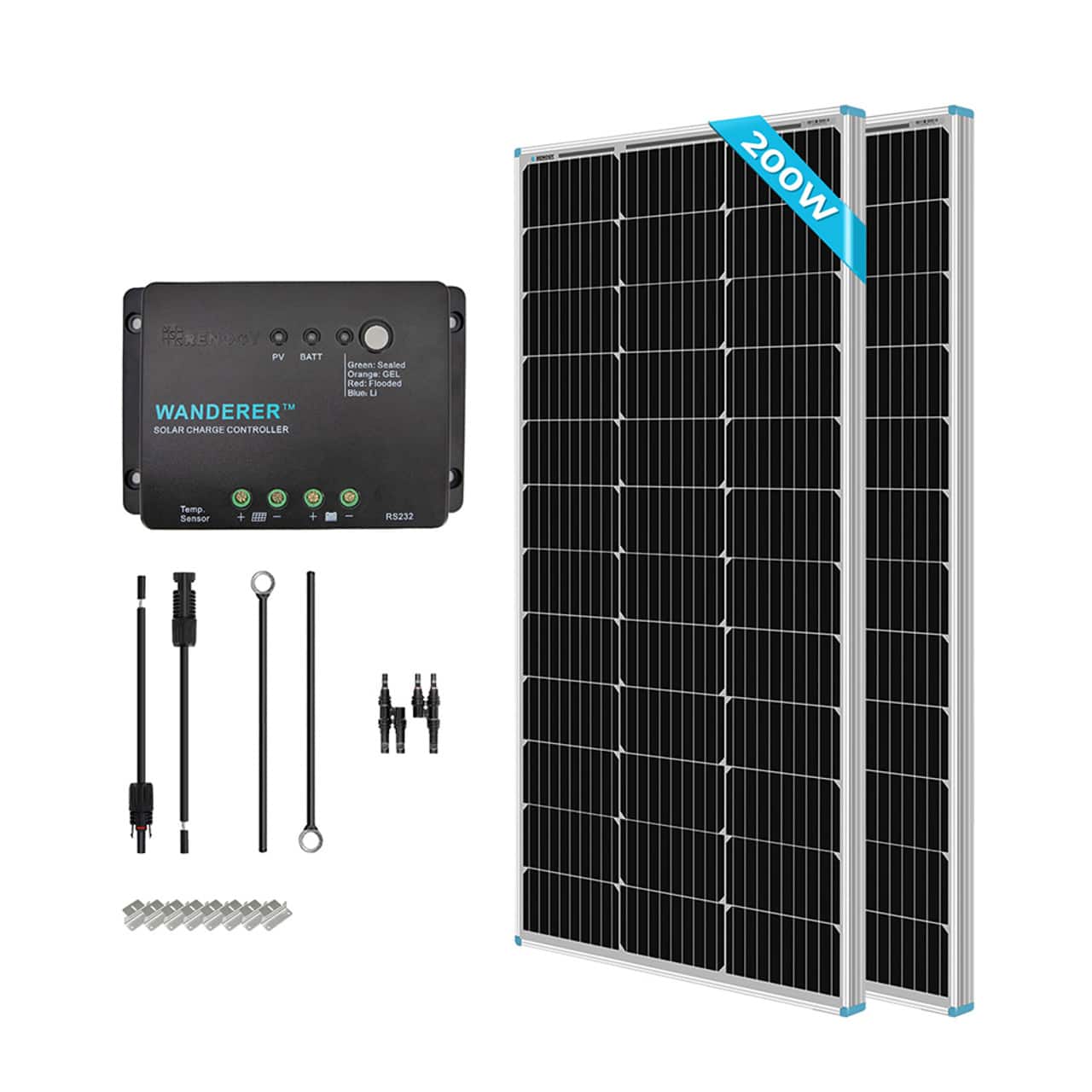Renogy - 200 W 12V Solar Kit with 2 100W Solar Panel and 30A PWM Controller for RV, Boats, Trailer, Camper, Marine - Black - Front_Zoom