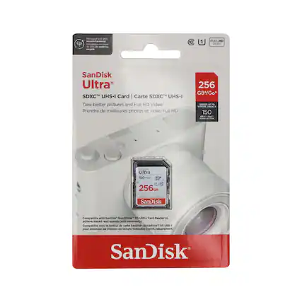 SanDisk Ultra
SDXC™ UHS-I Card | Carte SDXC™ UHS-I
Take better pictures and Full HD Video | Prendre de meilleures photos et vidéo Full HD
256 GB*
VITESSE: JUSQU'A 150 MB/S LECTURE
FULL HD VIDEO
Compatible with SanDisk QuickFlow™ SD UHS-I Card Reader (sold separately)
Compatible avec le lecteur de carte SanDisk QuickFlow™ SD UHS-I pour atteindre les vitesses de lecture indiquées (vendu séparément)
Emballage composé de 2% de matériaux recyclés
Packaging made with 20% recycled material
SanDisk