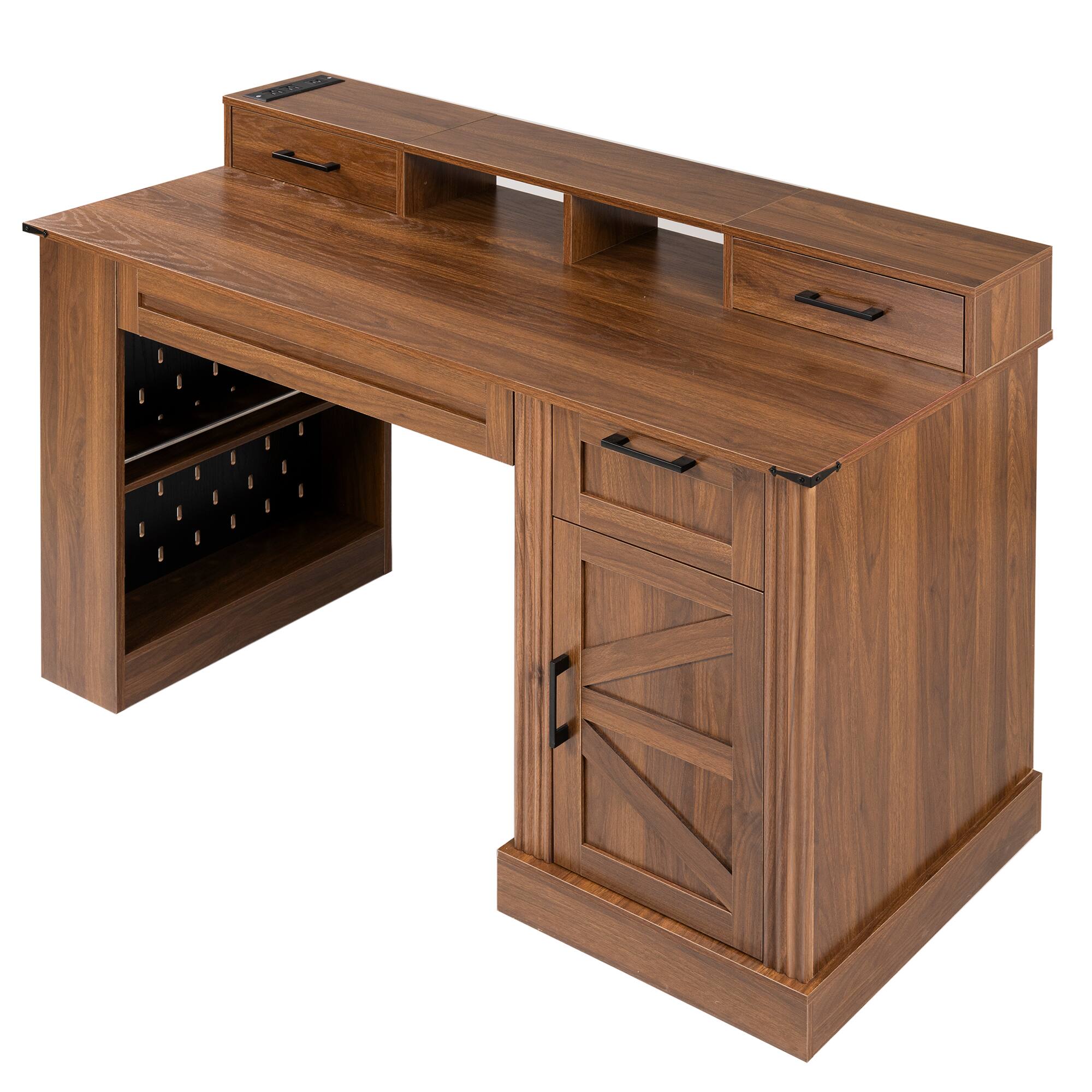 Alt View 3. Boyel Living - 55 Inch Farmhouse Desk with Barn Door Cabinet and Charging Station Dark Walnut - White.