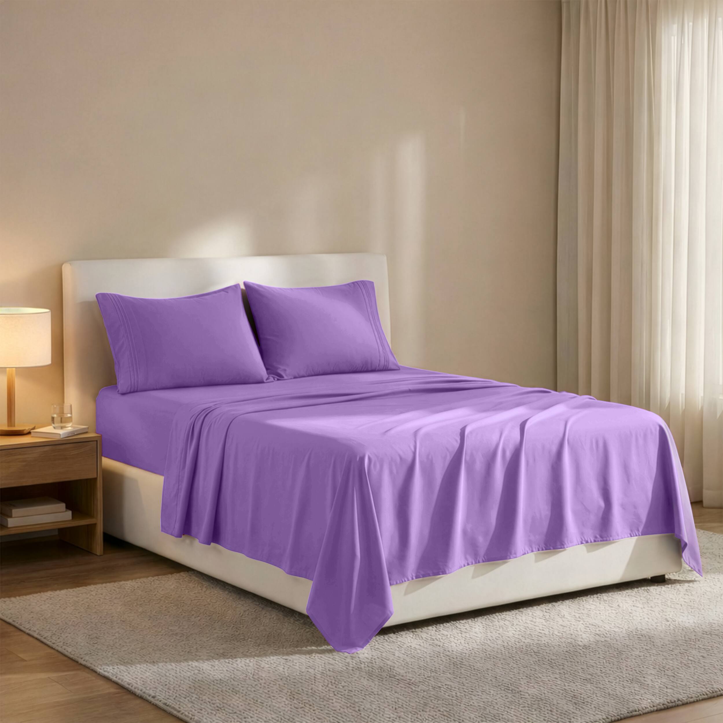 Angle. Lux Decor Collection - 4-Piece King Bed Sheet Set, Ultra Soft Microfiber, Deep Pocket, Wrinkle-Resistant, Hypoallergenic, All-Season Comfort - Purple.