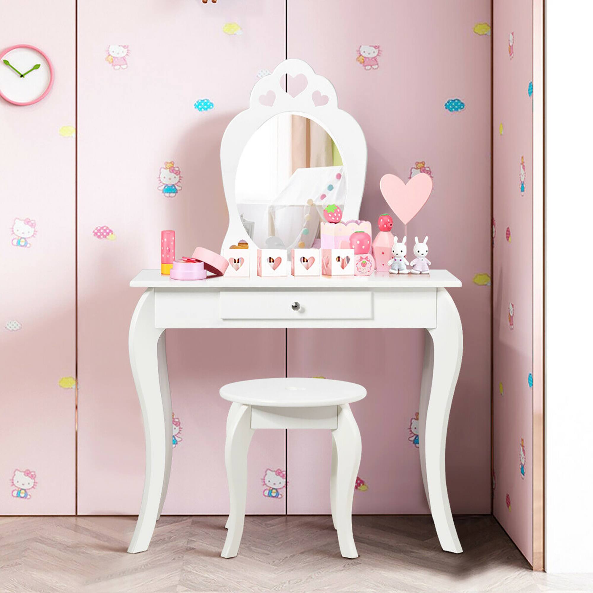 Alt View 1. Costway - Costway Kids Vanity Set Princess Makeup Dressing Play Table Set W/Mirror - White.