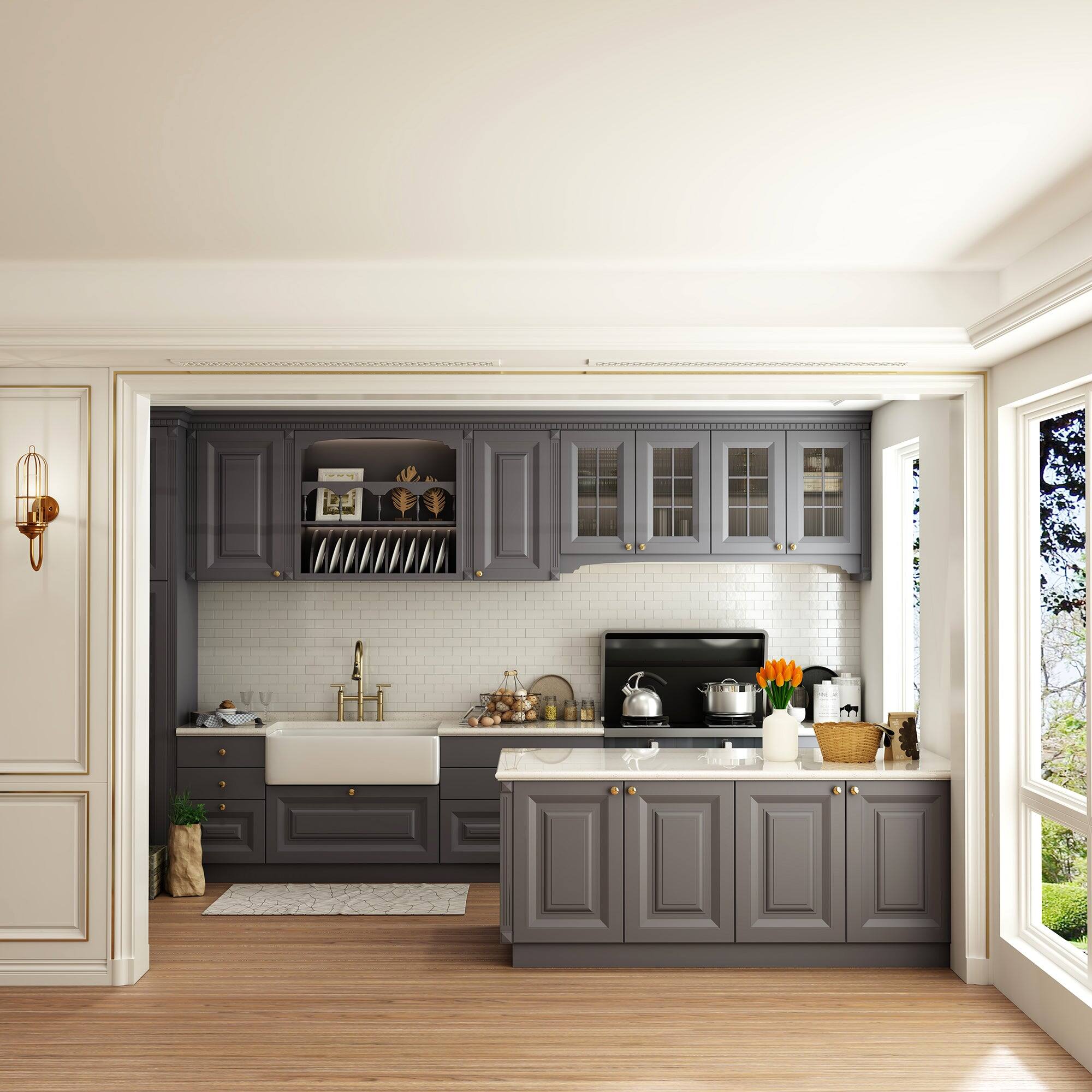 Back. Boyel Living - Double Handle Bridge Pull-Down Kitchen Faucet with 3-Spray Patterns and 360 Degrees Rotation Spout - Brushed Gold.