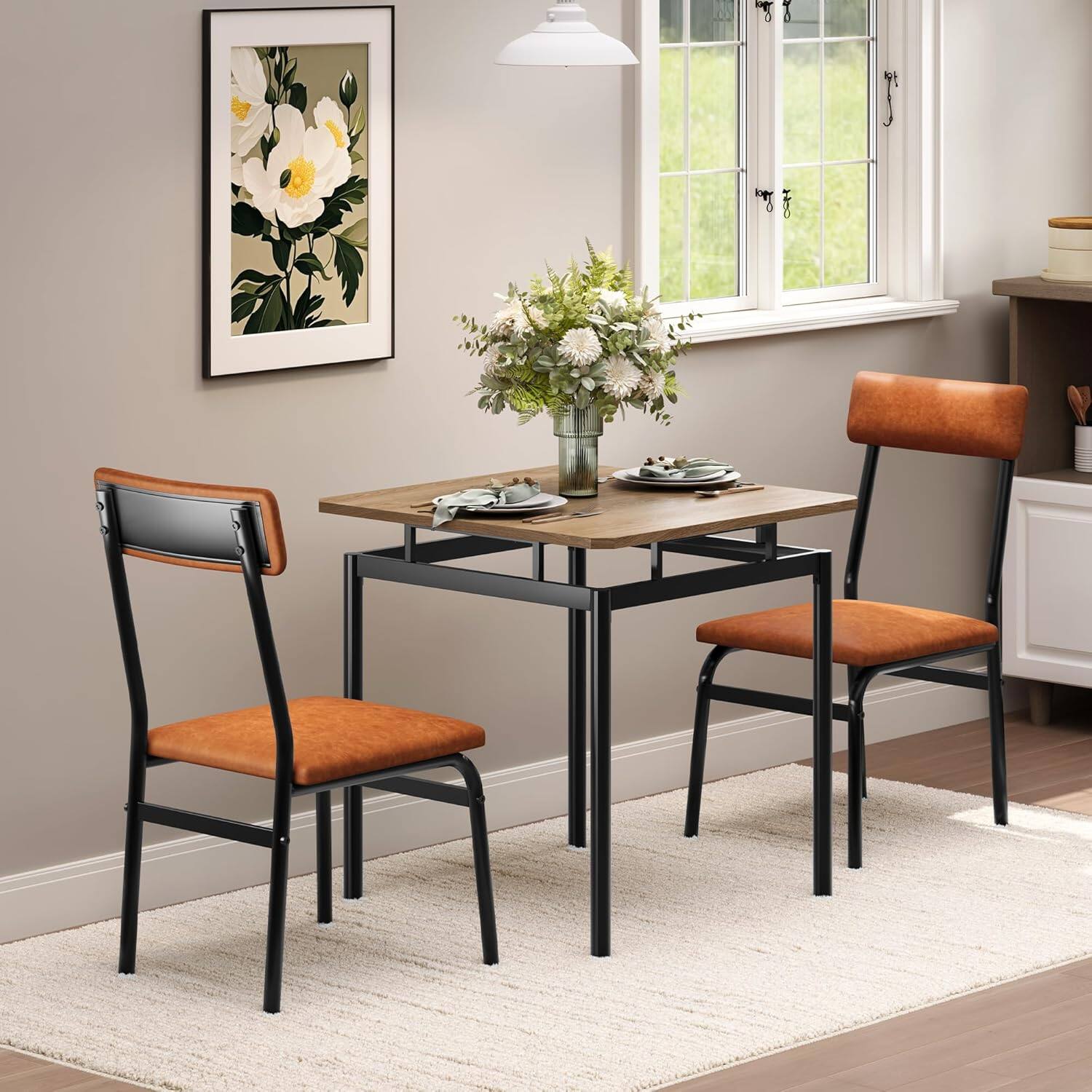 Alt View 1. Jojoka - Kitchen Table 3 Piece Dining Table Set for 2 Small Kitchen Table and 2 PU Upholstered Chairs - Multiple colors.