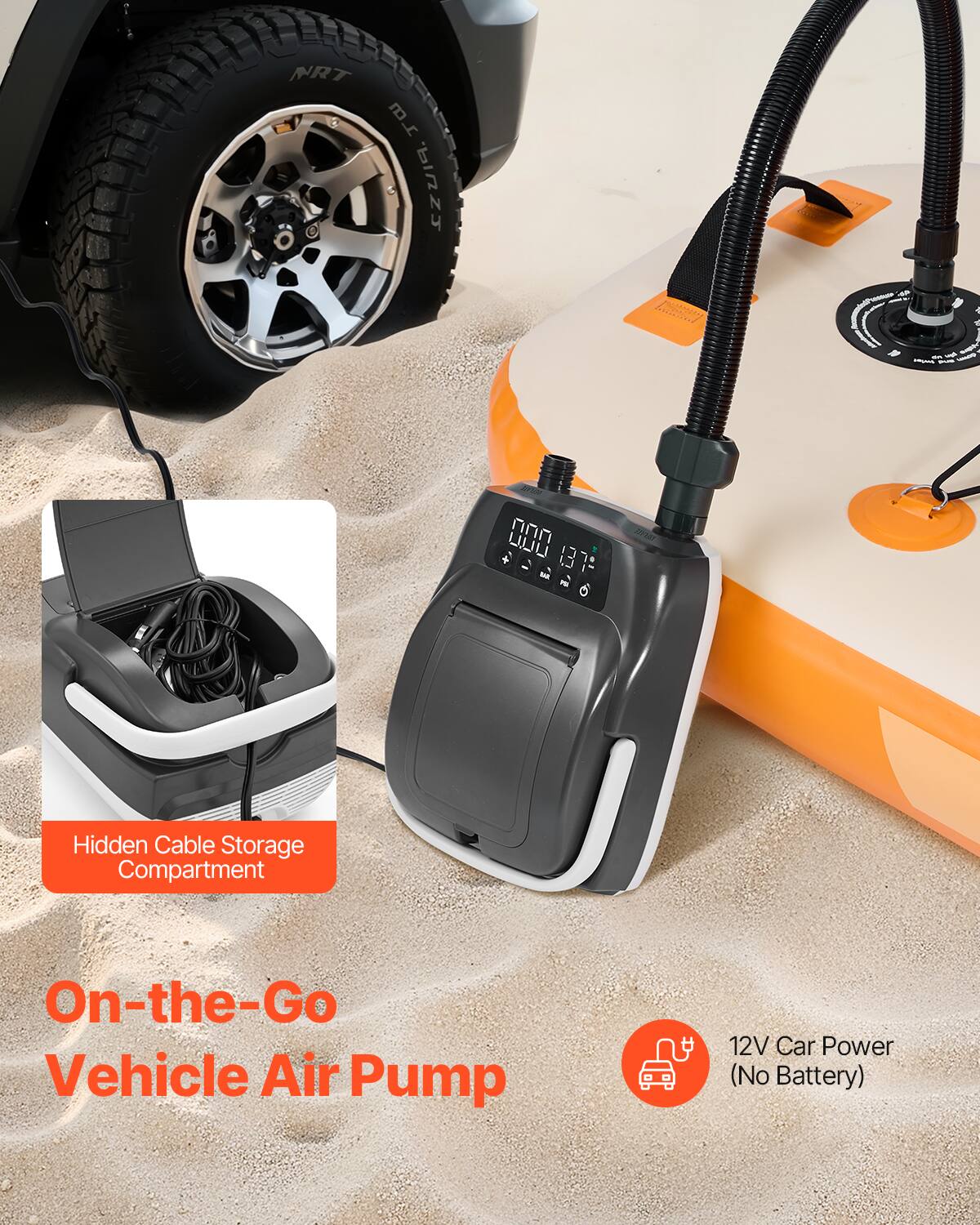 Hidden Cable Storage Compartment

On-the-Go Vehicle Air Pump

12V Car Power (No Battery)
