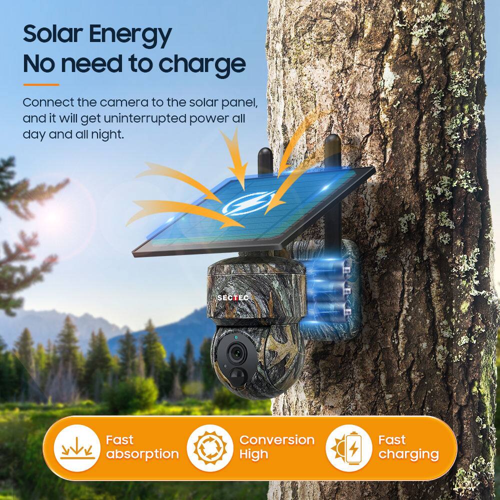 Solar Energy  
No need to charge  

Connect the camera to the solar panel, and it will get uninterrupted power all day and all night.  

SECTEC  

Fast absorption  
Conversion High  
Fast charging