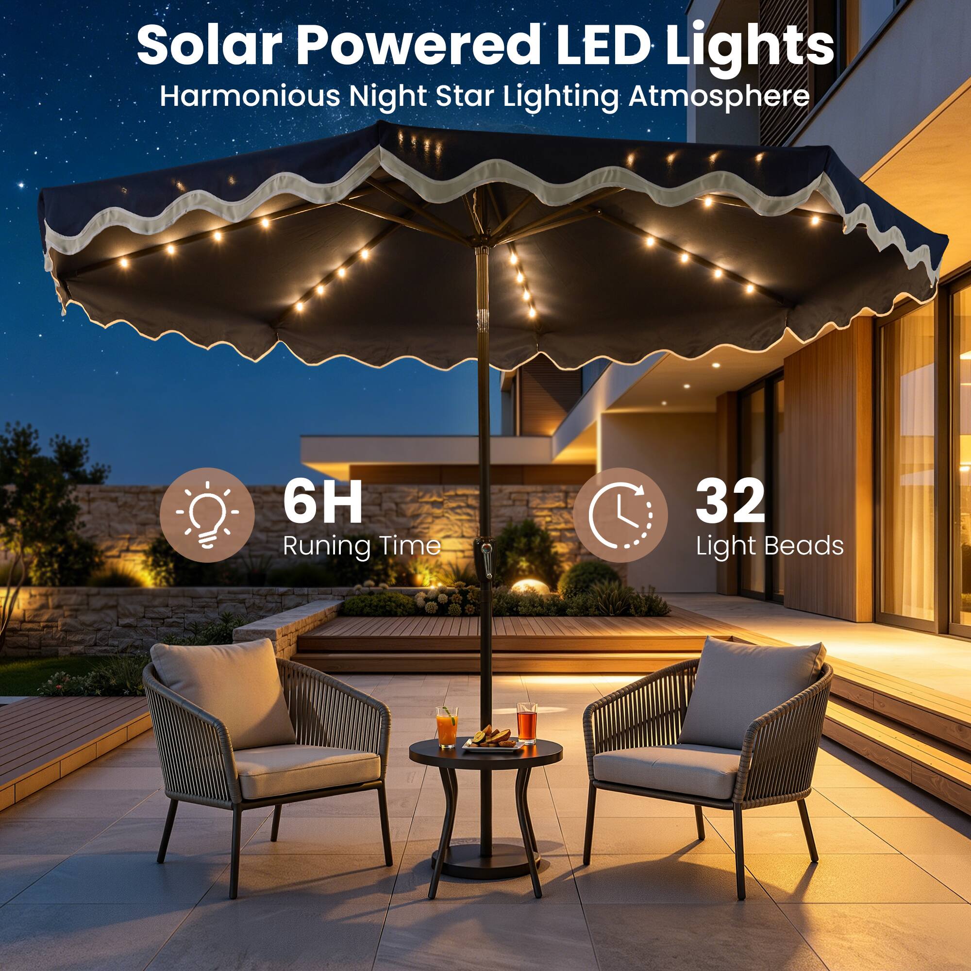 Solar Powered LED Lights  
Harmonious Night Star Lighting Atmosphere  

6H Running Time  
32 Light Beads