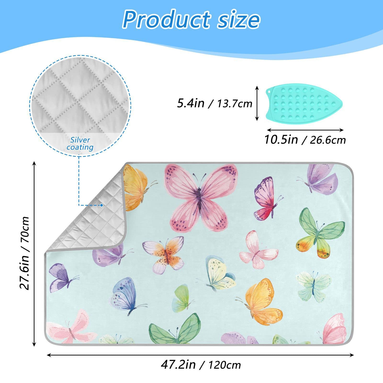 Product size

- 5.4in / 13.7cm
- 10.5in / 26.6cm
- 27.6in / 70cm
- 47.2in / 120cm

Silver coating