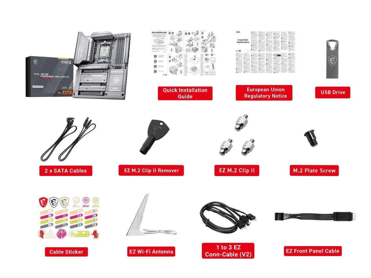 Replatey ors MA X 0E mA SP P2 X870E l 2 x SATA Cables Quick Installation Guide EZ M.2 Clip II Remover European Union USB Drive Regulatory Notice EZ M.2 Clip II M.2 Plate Screw JL L1 E1 C C CI msi Cable Sticker EZ Wi-Fi Antenna 1 to 3 EZ Conn-Cable (V2) EZ Front Panel Cable