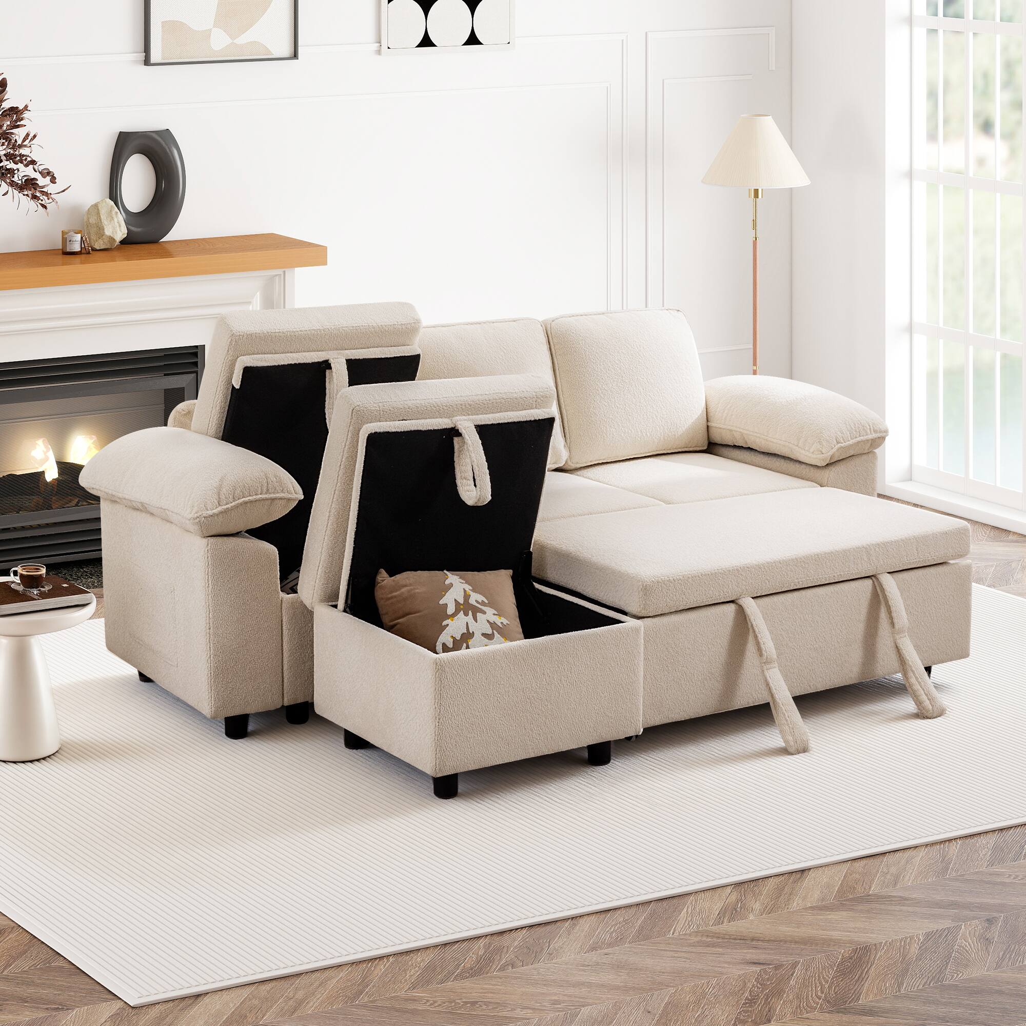 Left. Brick Attic - 4 to 7 Seat Modular Pull Out Sofa Bed with Storage Ottoman Washable Covers and Side Pockets for Living Room - WH-4 Seat - Pull Out.