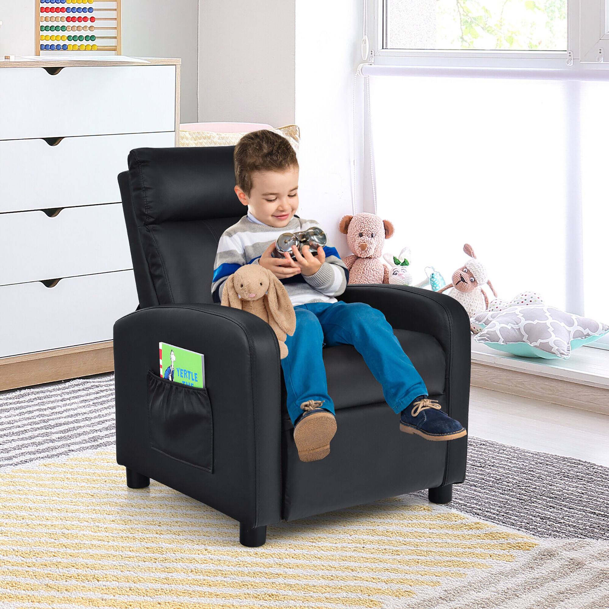 Alt View 3. Gymax - Gymax Kids Recliner Chair Adjustable Leather Sofa Armchair w/ Footrest Side Pocket Black - Black.