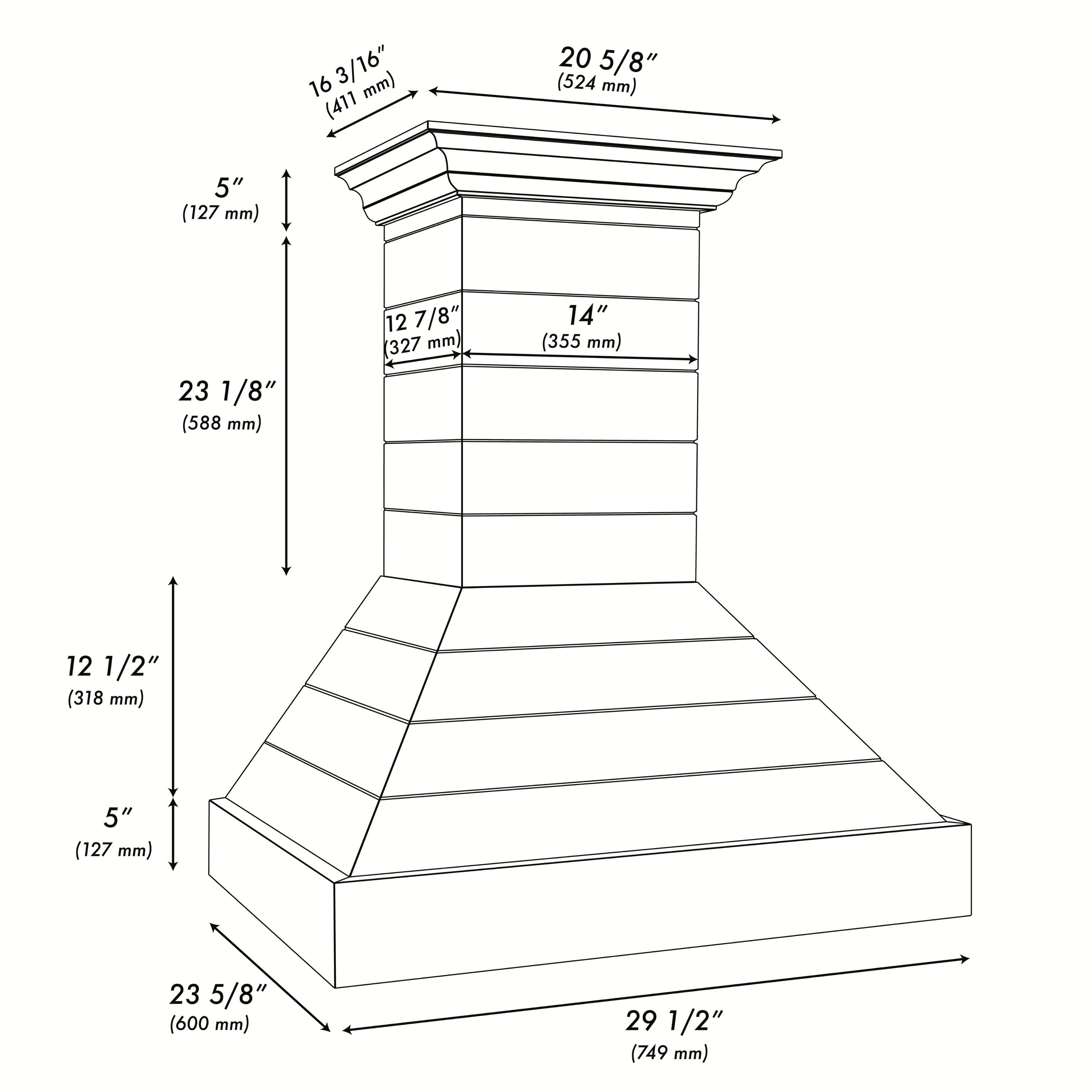 The image shows a drawing of a column with measurements in millimeters and inches. The measurements include: 16 3/16" (411 20 5/8" or 524 mm), 5" (127 mm), 23 1/8" (588 mm), 12 7/8" (327 mm), 14" (355 mm), 12 1/2" (318 mm), 5" (127 mm), 23 5/8" (600 mm), and 29 1/2" (749 mm).