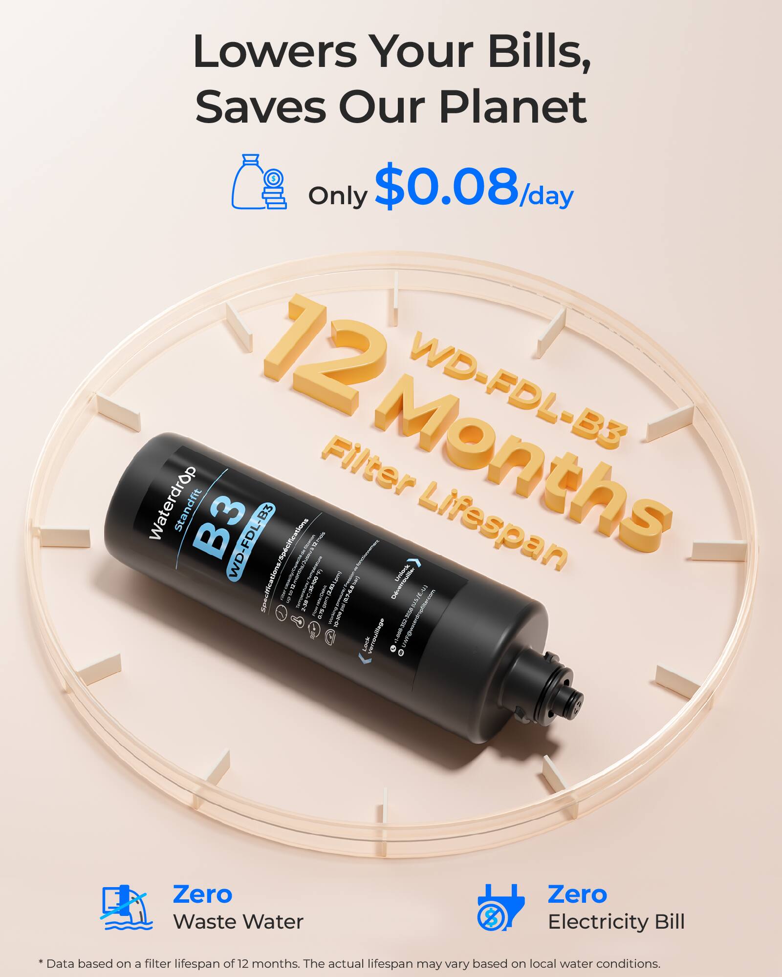 Lowers Your Bills, Saves Our Planet  
Only $0.08/day  

12 Months Filter Lifespan  

WD-FDL-B3 Waterdrop Standfit B3  

Zero Waste Water  
Zero Electricity Bill  

*Data based on a filter lifespan of 12 months. The actual lifespan may vary based on local water conditions.