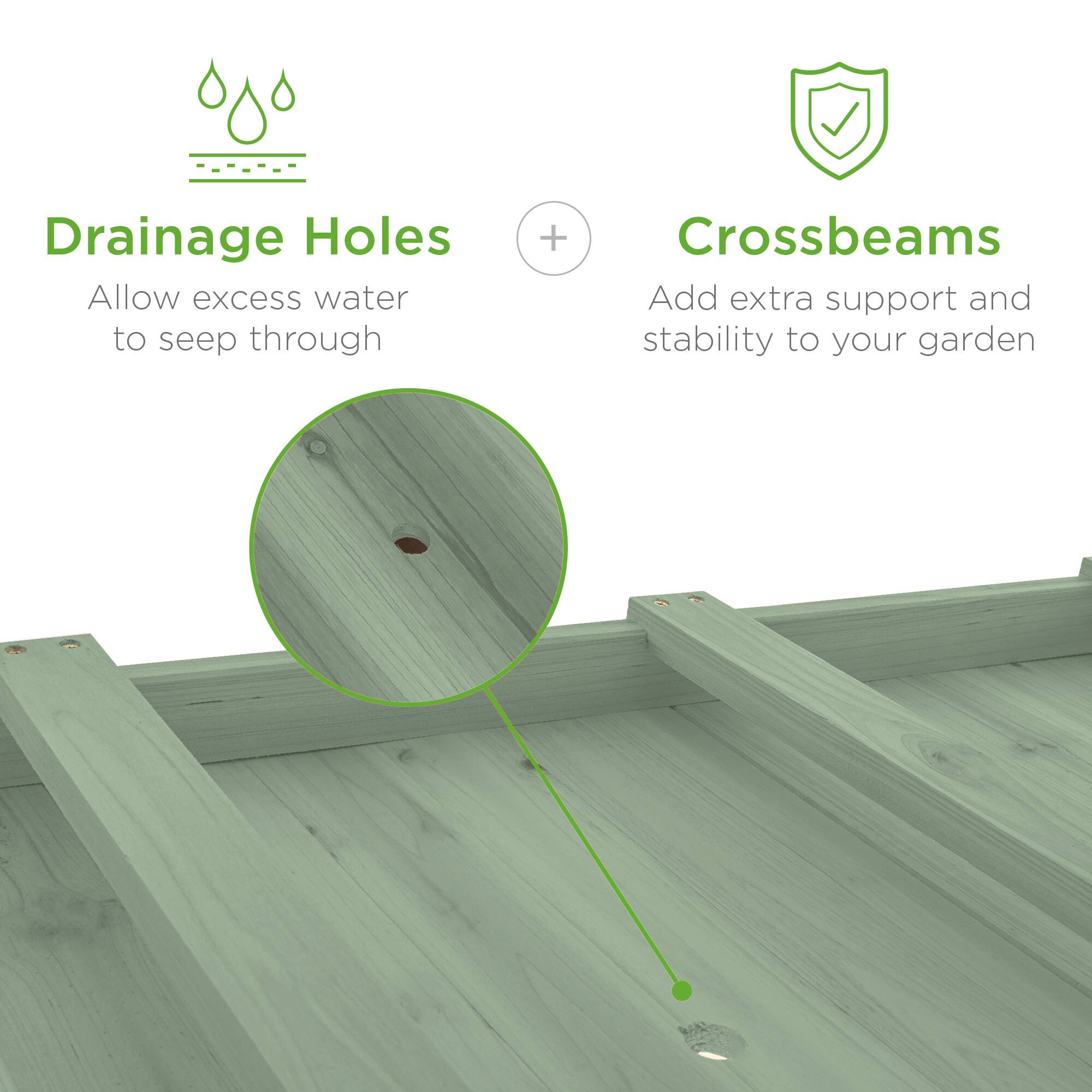 Drainage Holes  
Allow excess water to seep through  

+  

Crossbeams  
Add extra support and stability to your garden