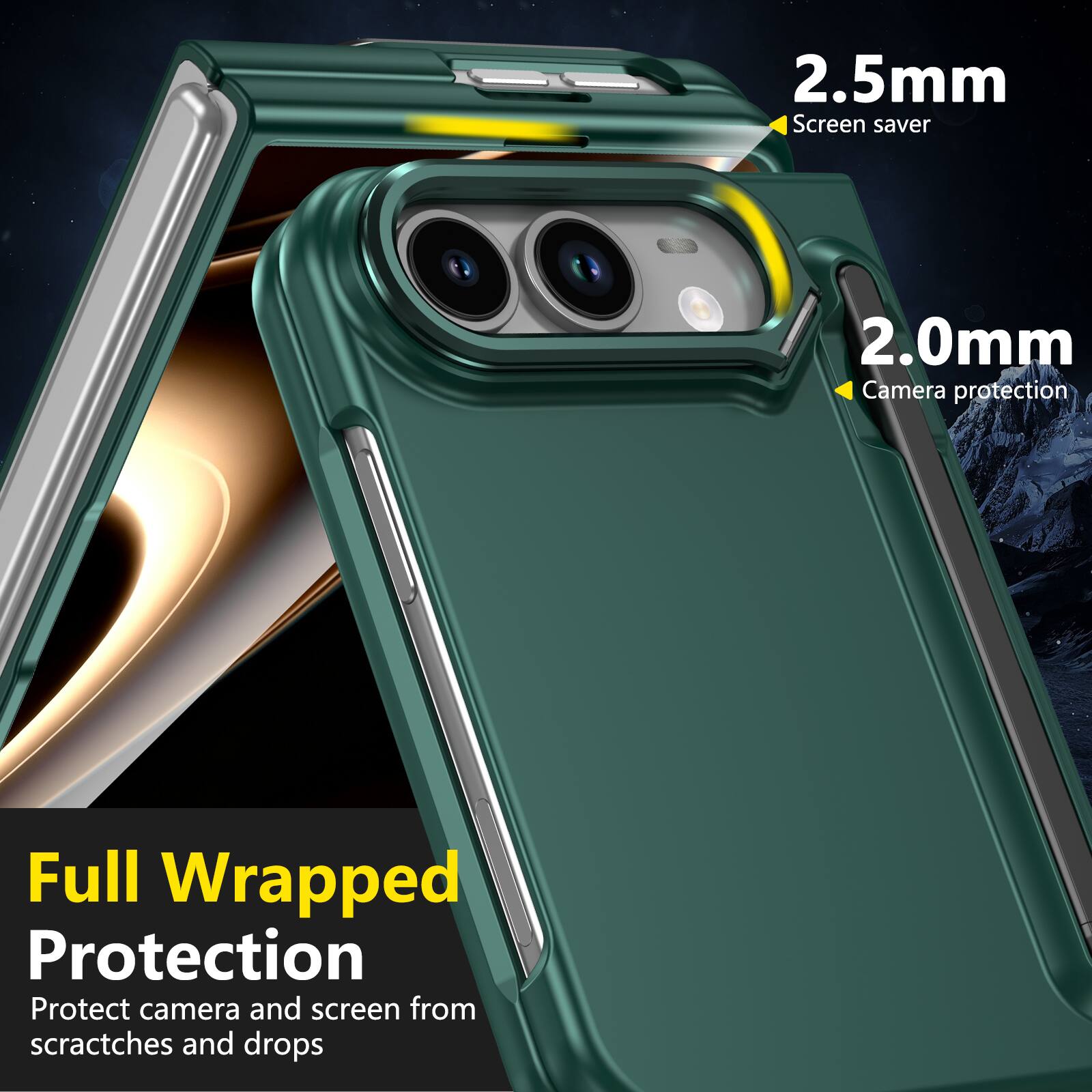 2.5mm Screen saver  
2.0mm Camera protection  
Full Wrapped Protection  
Protect camera and screen from scratches and drops