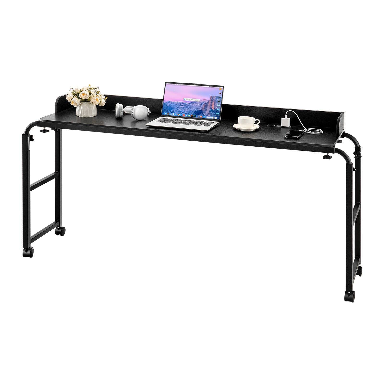 Front. Glintex - Overbed Table，Power Socket, Height Adjustable Rolling Laptop Desk，Wheels，Brakes, Portable Bedside Table for Home Office - black.