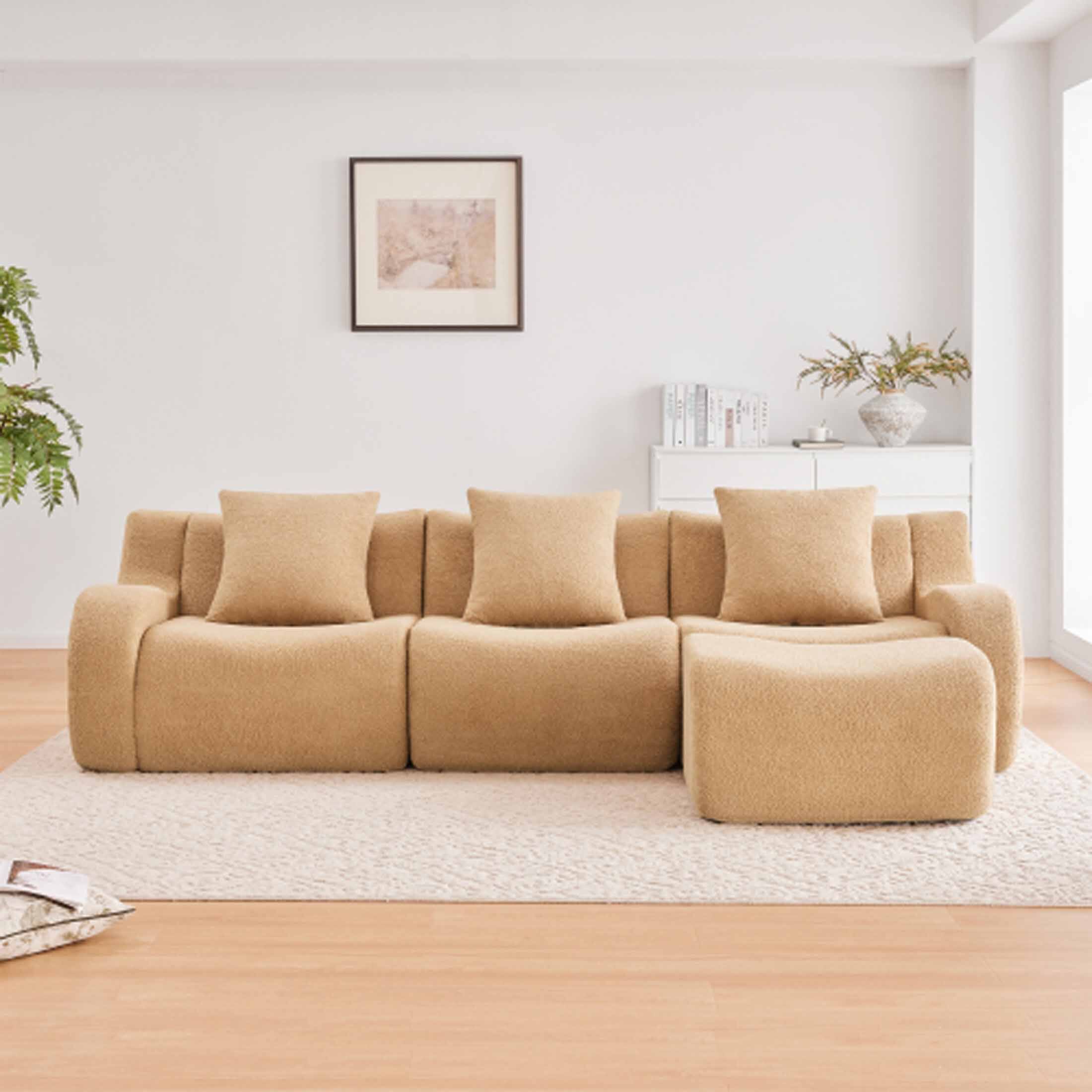 Angle. Aukfa - Modular Teddy Fabric Sofa - 3-Seat Sectional with 1 Ottoman, Soft Boneless Design for Living Room - Camel.