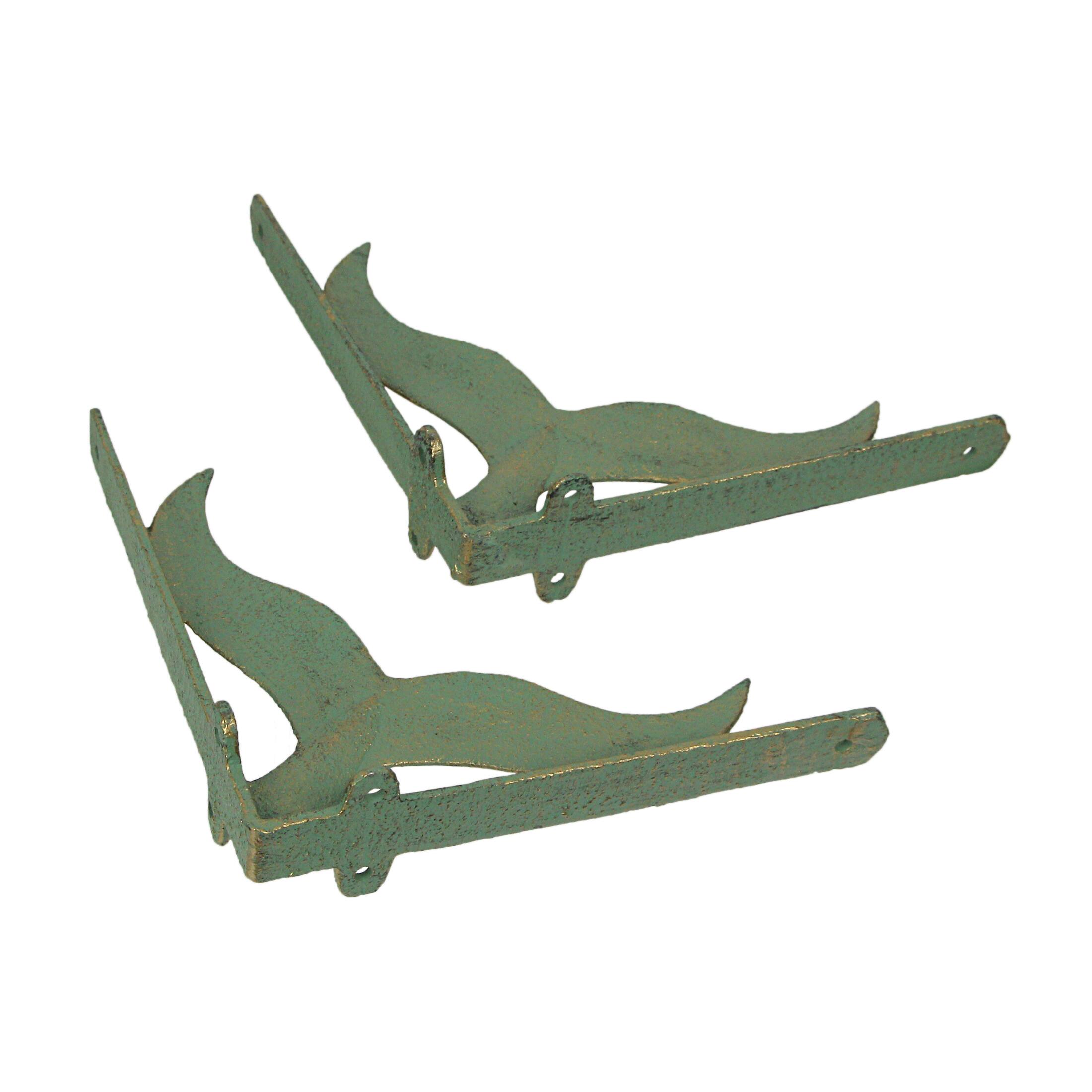 Alt View 1. Zeckos - Set of 2 Cast Iron Verdigris Whale Tail Wall Bracket Shelf Decor - Green.