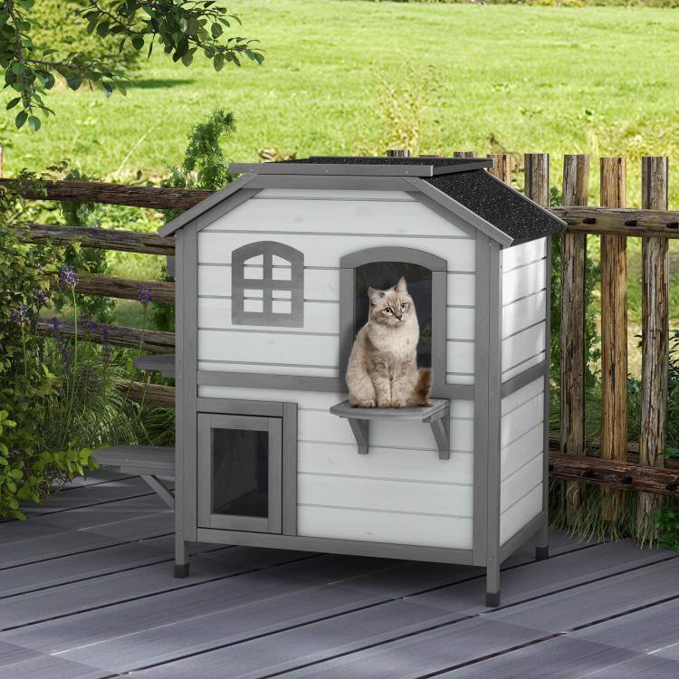 PULUZ Wooden 2 Story Outdoor Cat House, Feral Cat Shelter Kitten Condo ...