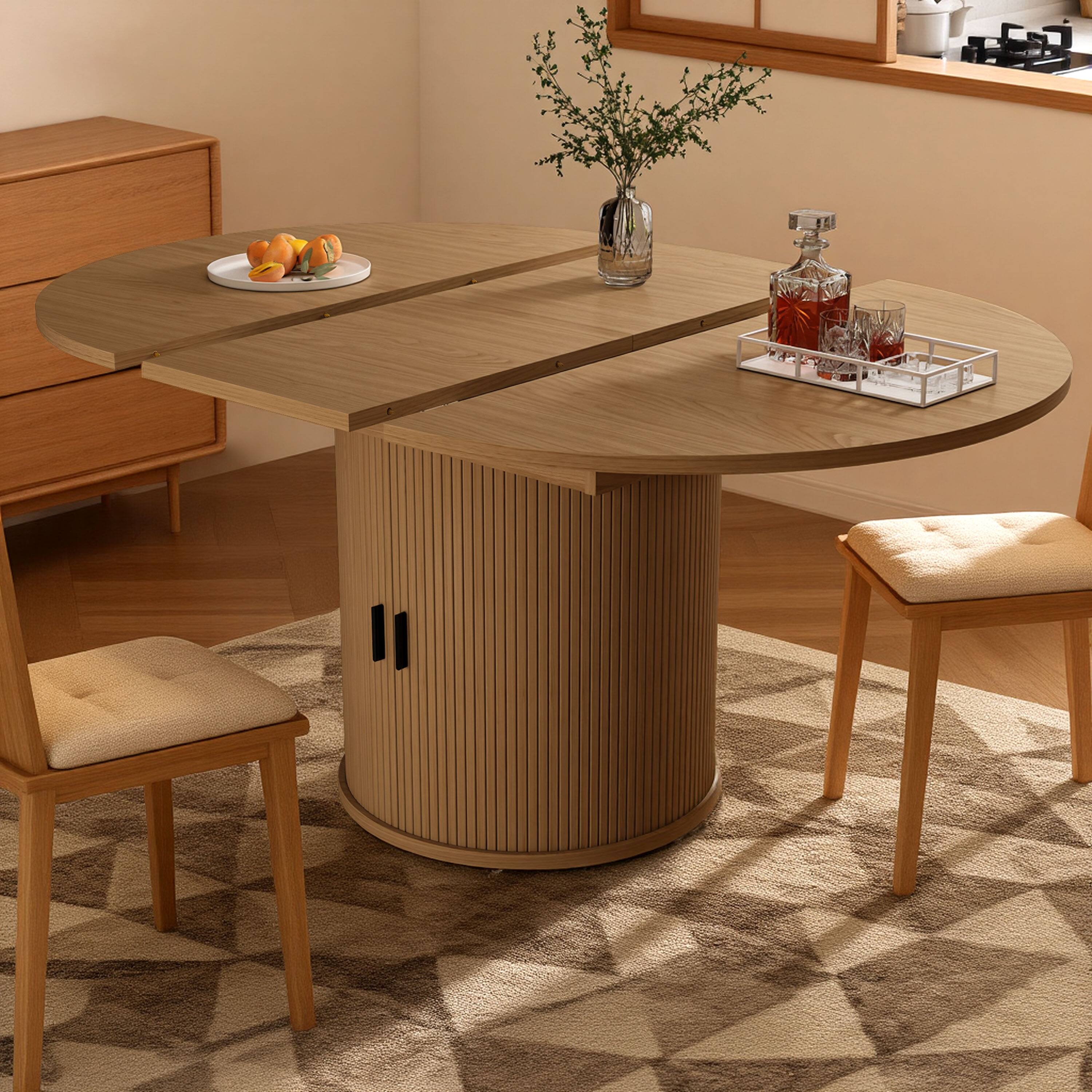 Alt View 4. Dyonery - Extendable Round Dining Table, 43-59 Inch Dining Room Kitchen Table with 2-Tier Storage Shelf With base，wood tabletop - Walnut.