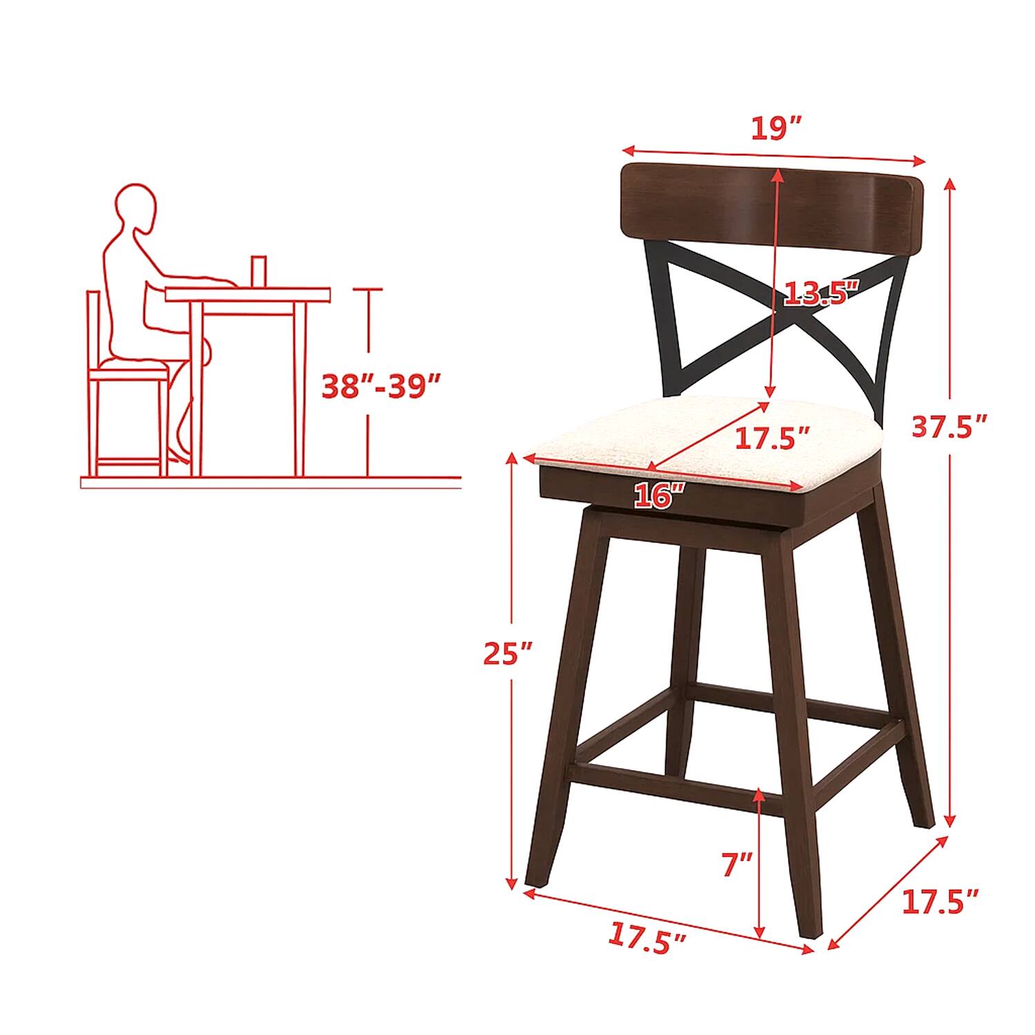 19"  
13.5"  
38"-39"  
17.5"  
37.5"  
16"  
25"  
7"  
17.5"  
17.5"