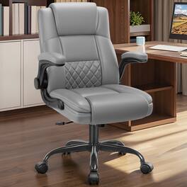 KERDOM - Big Executive Chair with Adjustable Flip-up Arm, Lumbar Support, PU Leather Computer Office Chair with Adjustable Hight - Gray