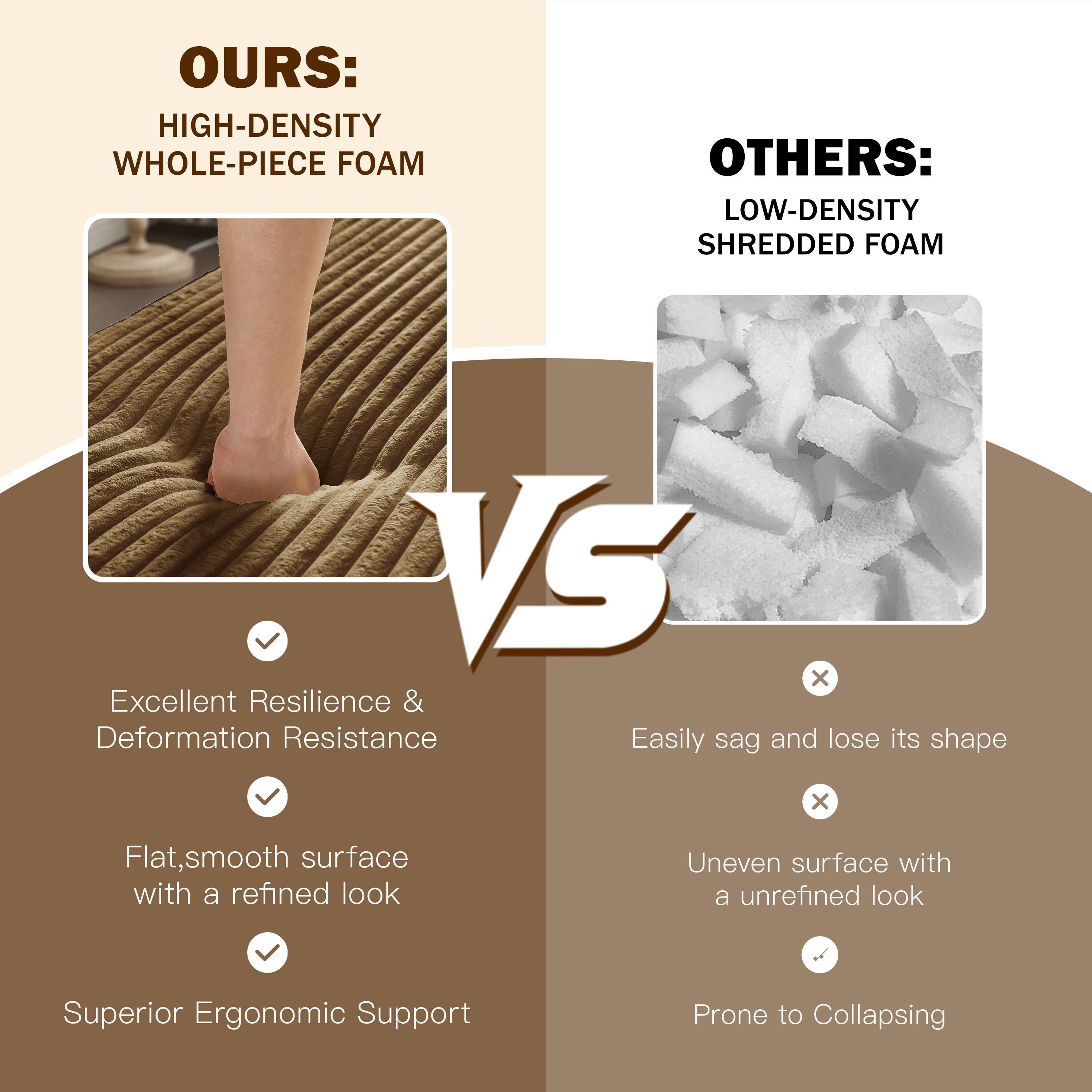 **OURS:**
- HIGH-DENSITY WHOLE-PIECE FOAM
  - Excellent Resilience & Deformation Resistance
  - Flat, smooth surface with a refined look
  - Superior Ergonomic Support

**OTHERS:**
- LOW-DENSITY SHREDDED FOAM
  - Easily sag and lose its shape
  - Uneven surface with an unrefined look
  - Prone to Collapsing