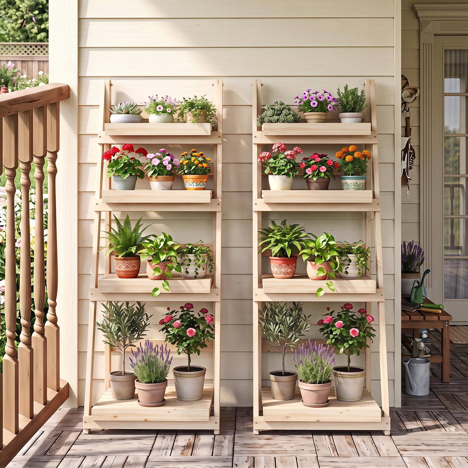 Alt View 1. Costway - Costway 4-Tier Plant Stand Foldable Ladder Plant Shelf with Slatted Shelves, Fir Wood Frame - Natural.