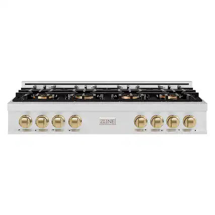 Front. ZLINE - 48 in. Wide 8 Burner Autograph Satin Steel Classic Rangetop with DuoPro Burners and Bronze Accents (PCRTSZ-48-CB) - Satin Stainless Steel.
