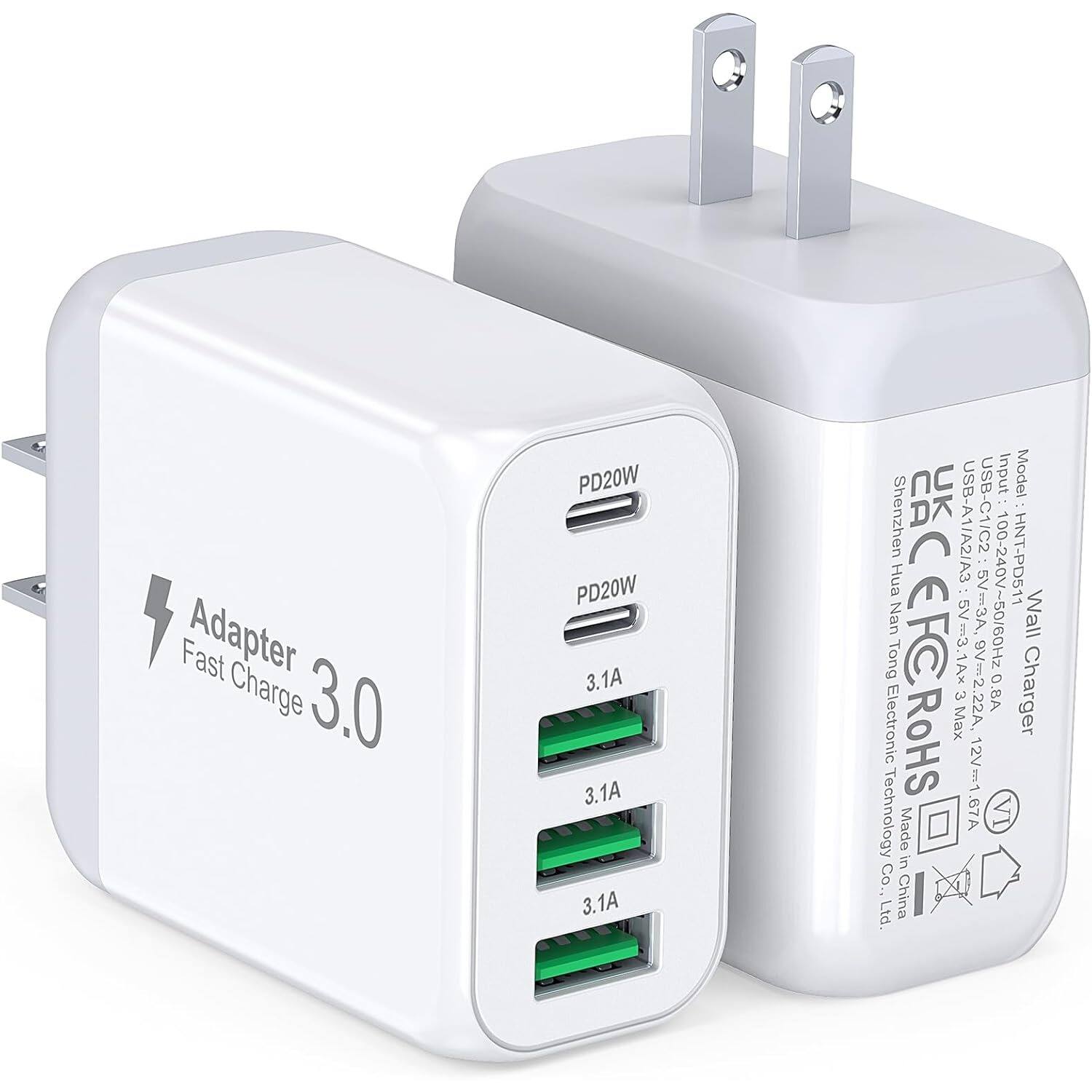 Fast Adapter Charge 3.0
PD20W PD20W 3.1A 3.1A 3.1A
Input: 100-240V~50/60Hz
Model: HNT-PD511
USB-A1/A2/A3 USB-C1/C2
Hua Nan Tong Electronic Technology Co., Ltd.
Made in China
Wall Charger
USB-C1/C2: 5V=3A, 9V=2A, 12V=1.67A, 20V=1A
USB-A1/A2/A3: 5V=3A
Max: 67A
CEFC ROHS
Adapter 3.0
Fast Charge