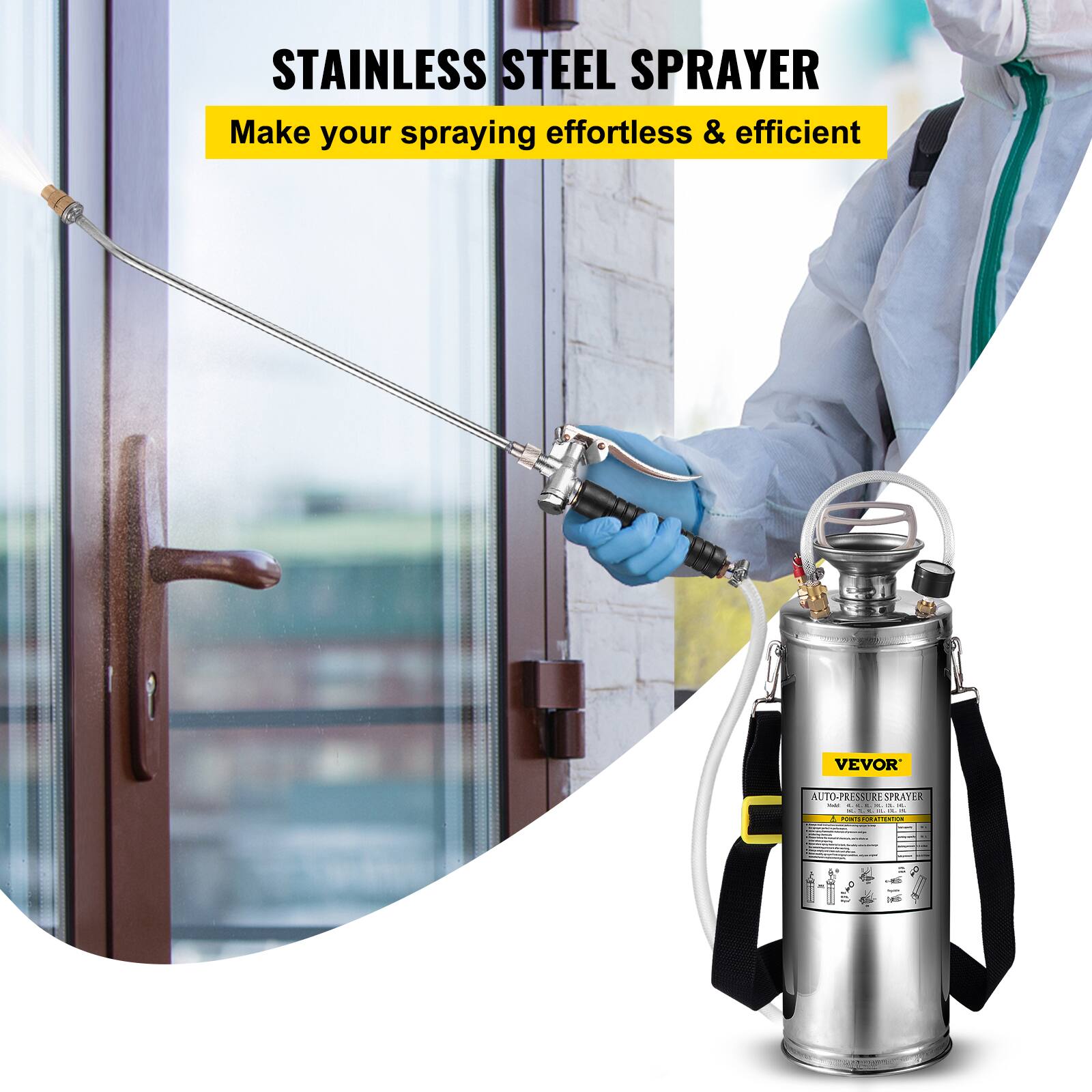 STAINLESS STEEL SPRAYER  
Make your spraying effortless & efficient  

VEVOR  
AUTO-PRESSURE SPRAYER