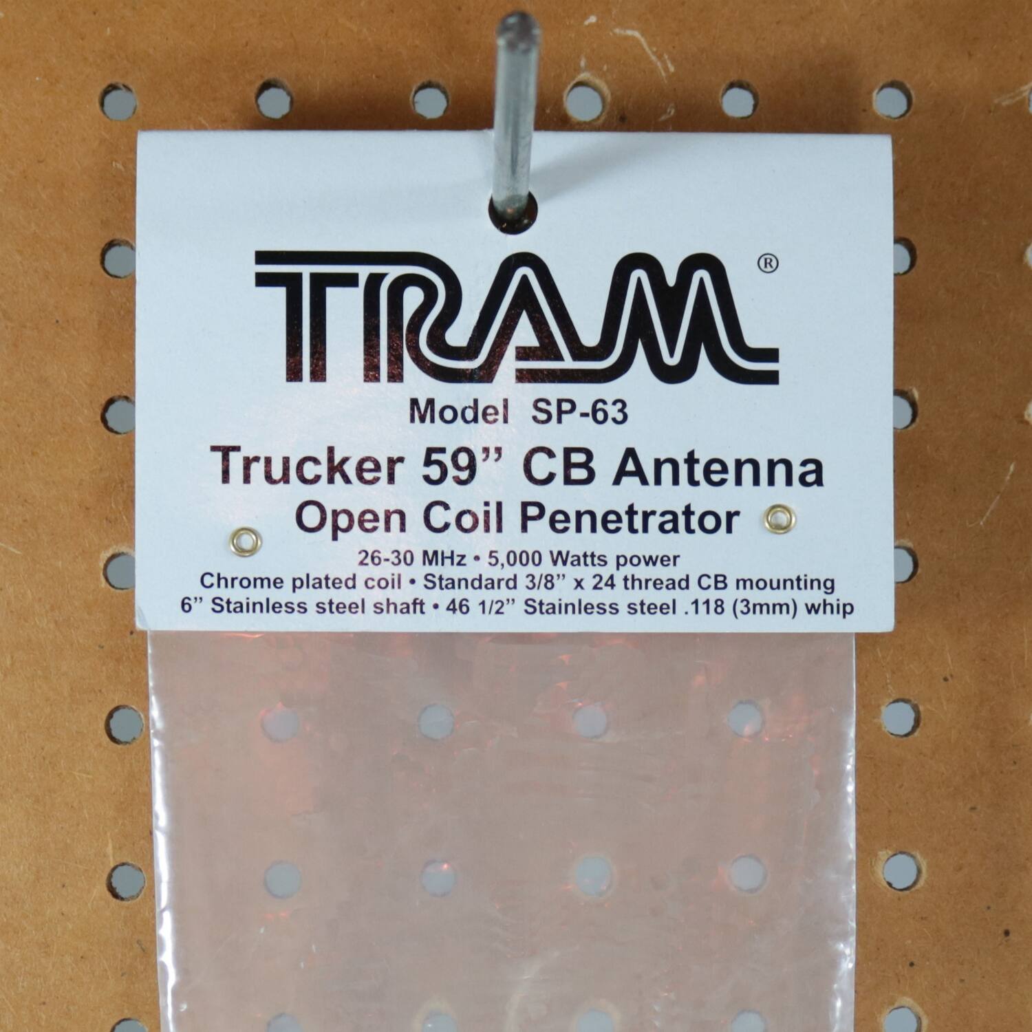 TRAM  
Model SP-63  
Trucker 59" CB Antenna  
Open Coil Penetrator  
26-30 MHz • 5,000 Watts power  
Chrome plated coil • Standard 3/8" x 24 thread CB mounting  
6" Stainless steel shaft • 46 1/2" Stainless steel .118 (3mm) whip